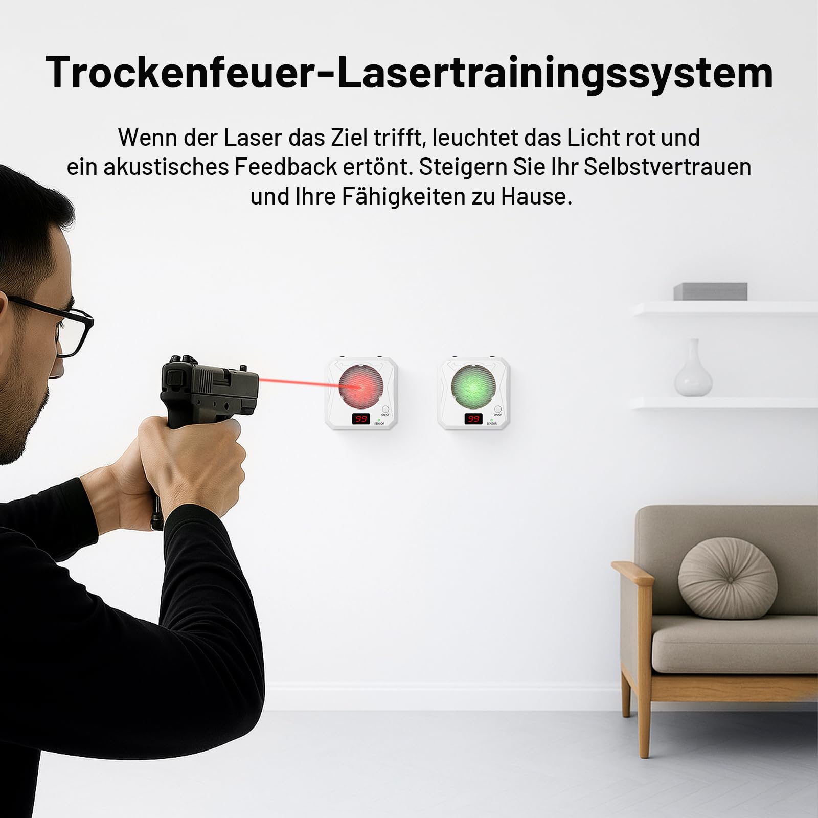 Dry Fire Trainingssystem - Elektronisches Laser Trainingsziel mit 5 Einstellbaren Stufen und Ton/Licht Feedback, Universelle Munitionskompatibilität, Geeignet für Schießübungen