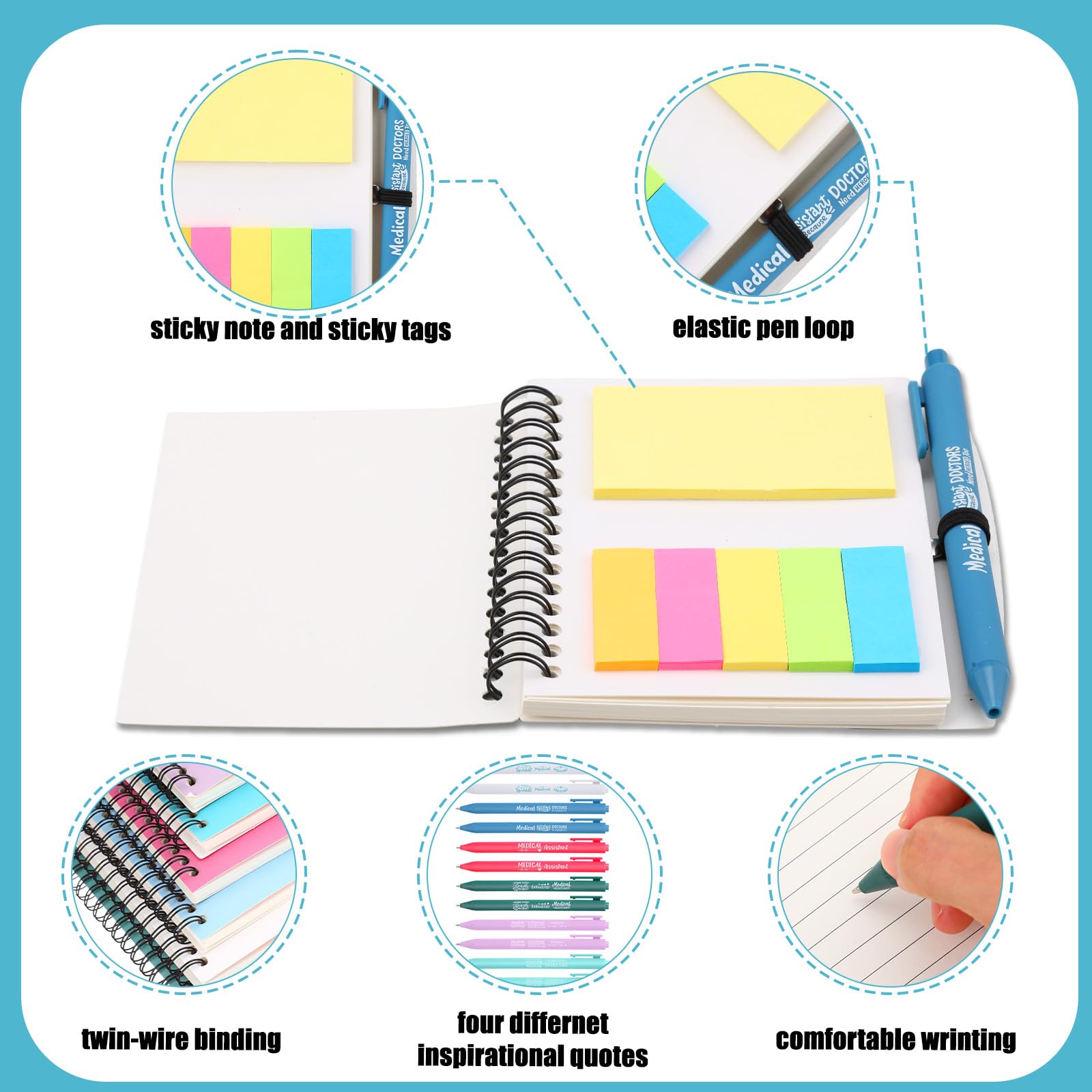 Vesici Lot de 12 carnets à spirales multicolores en papier kraft avec notes adhésives pour infirmières, collègues, personnel médical, fournitures de bureau