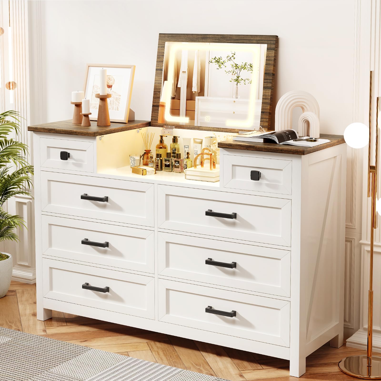 Dresser with Mirror for Bedroom, Chest of Drawers with LED Mirror, 8 Drawer Dresser, White Dressers for Kids, Wood Dressers, Farmhouse Makeup Vanity with Storage for Bedroom