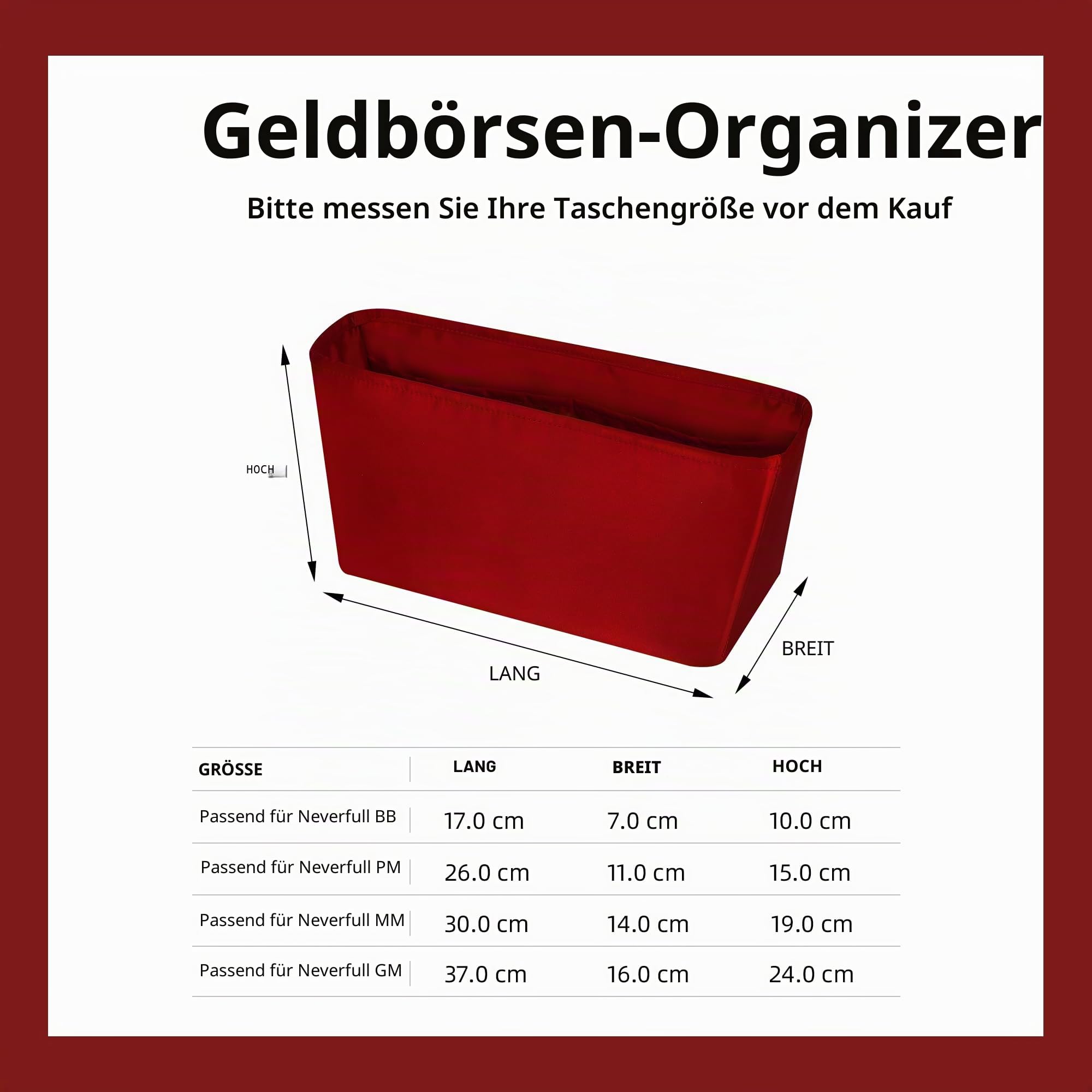 DGAZ Luxus Satin Handtaschen Organizer für LV Neverfull (Ruby, MM) | Weiches Satinfutter, Perfekte Passform, Hochwertige Verarbeitung, Optimaler Schutz, Leicht