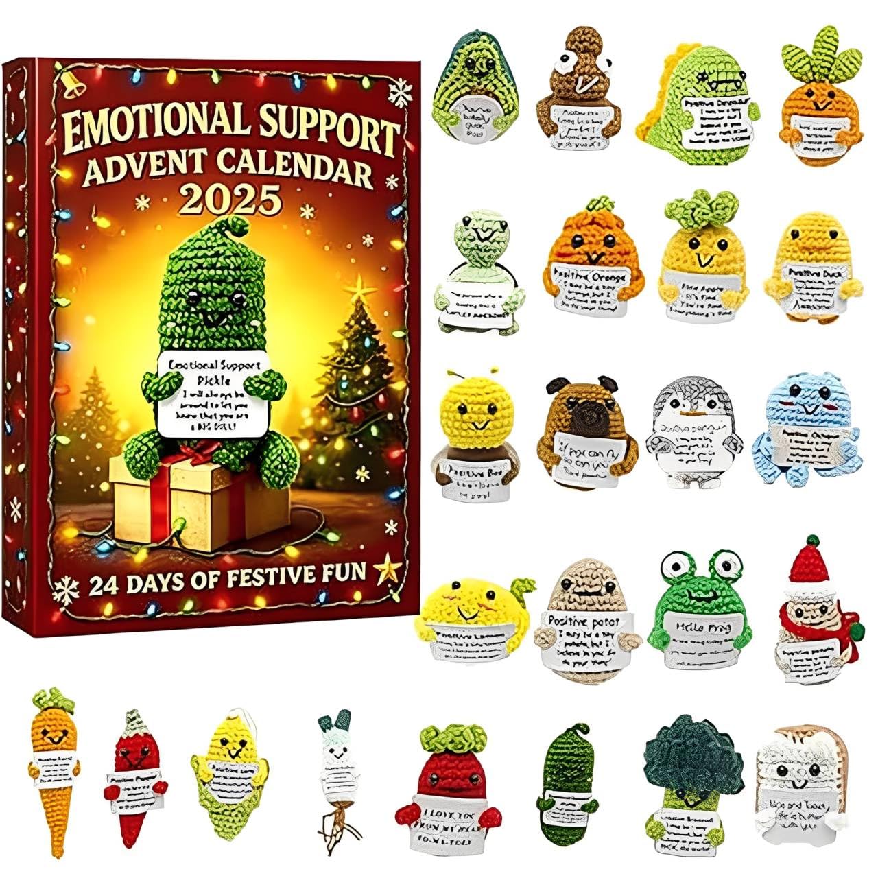 Emotionale Unterstützung Adventskalender 2025, 24 Tage Weihnachtszählkalender mit 24 einzigartigen positiven Häkel-Tierchen, Perfektes Herzwärmendes Geschenk for Familie & Freunde
