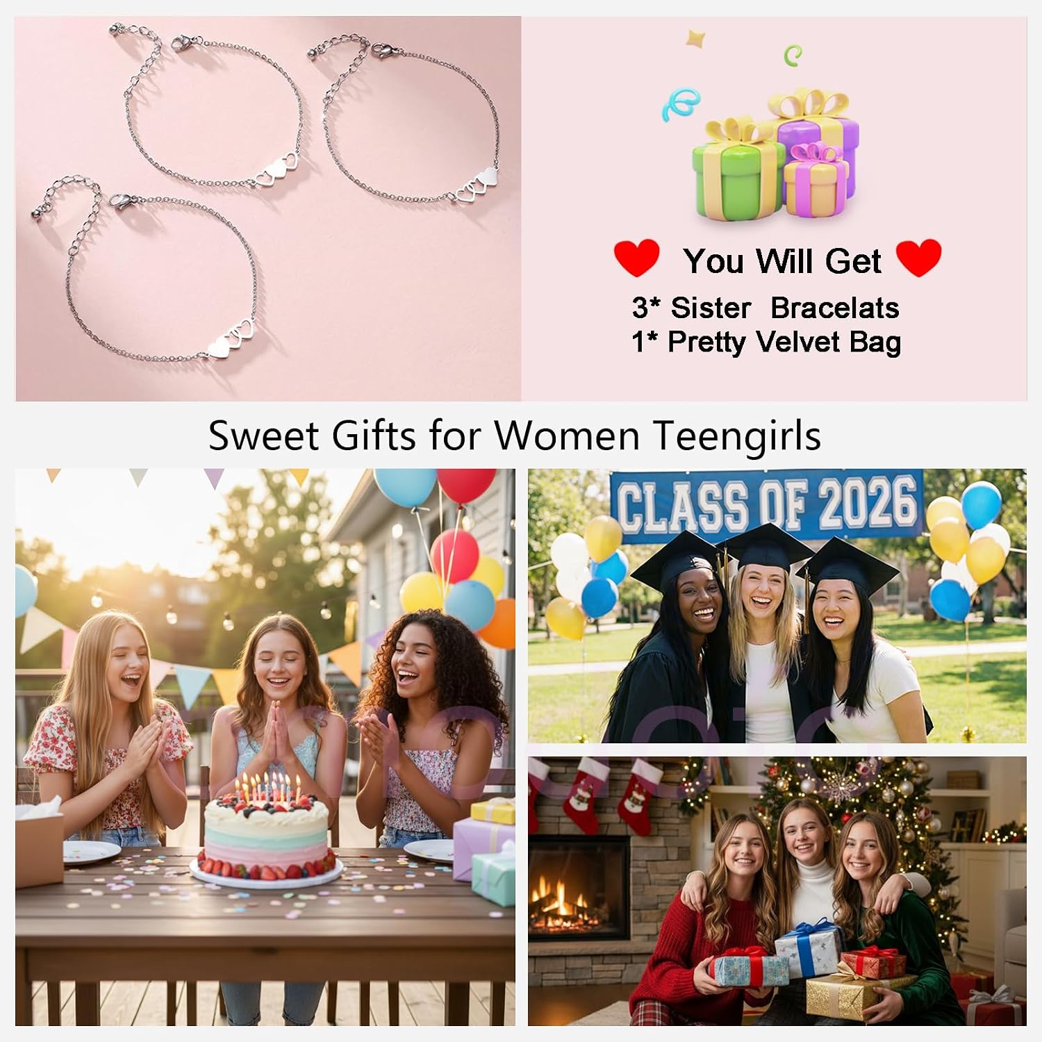3 Sister Link Bracelets Best Friends Bracelet Set 2 of 3 Link Triple Heart Bangle 3 BFF 2 Bestie Friendship Gifts,Mother's Day Graduation Jewelry for Women Teengirls.