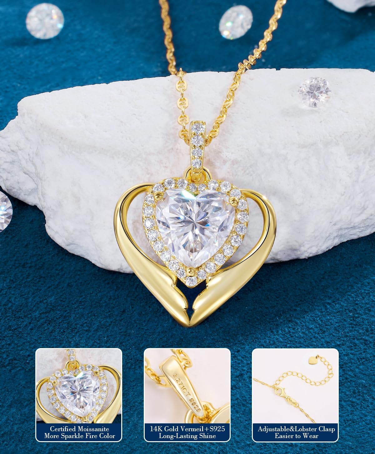 TUHE Moissanite Necklace 0.61-3.27 Carats Heart Necklace Engraved with I LOVE YOU, 14K Gold Necklaces for Women 925 Sterling Silver Non Tarnish Pendant Moissanite Diamond Angel Wings Necklace Gifts