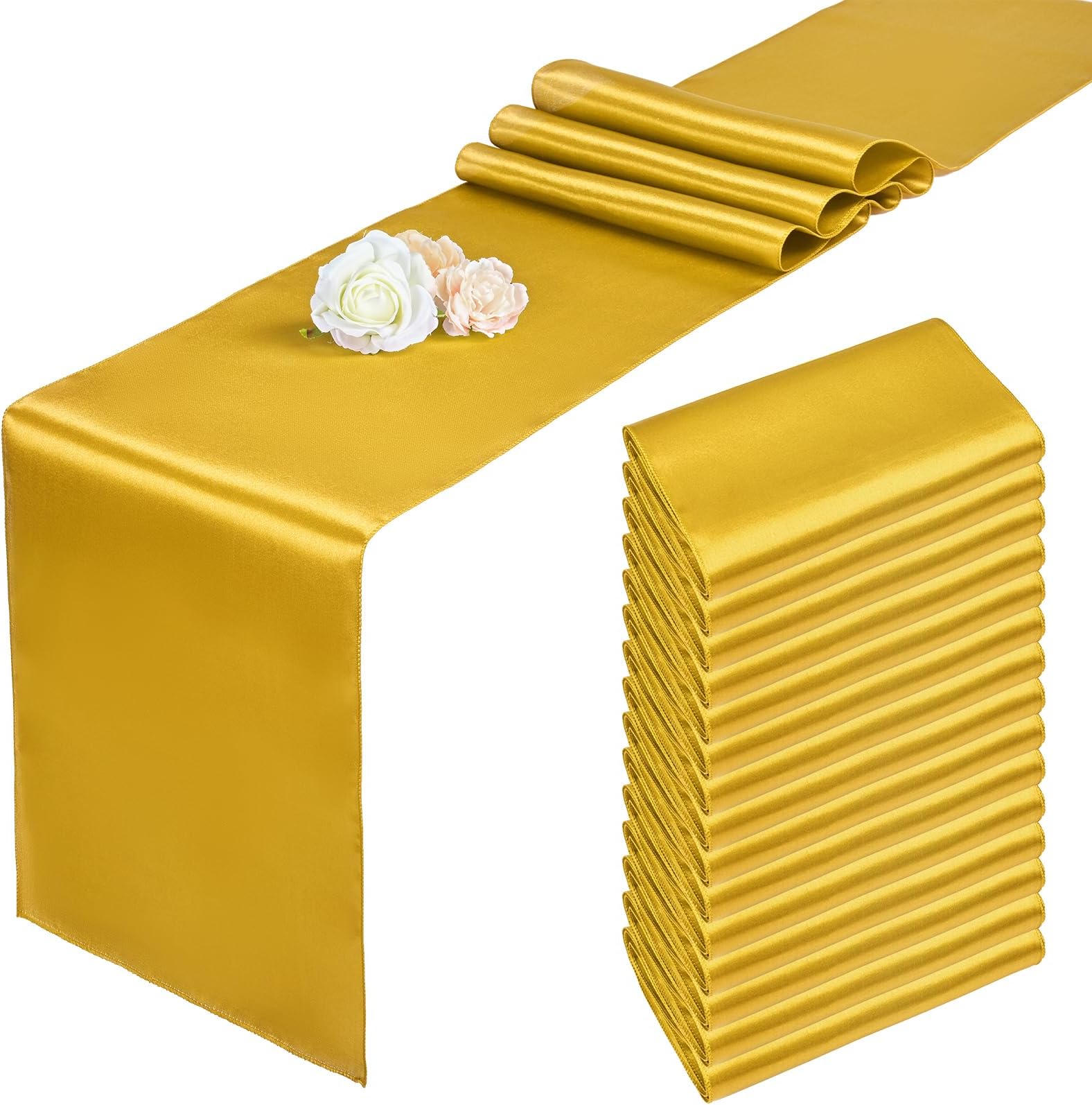 Pesonlook 15 Pack Gold Satin Table Runners 12 x 108 Inch Long Table Runners for Rectangle Round Tables, Smooth Satin Table Runner for Wedding, Birthday Party Banquets Decoration