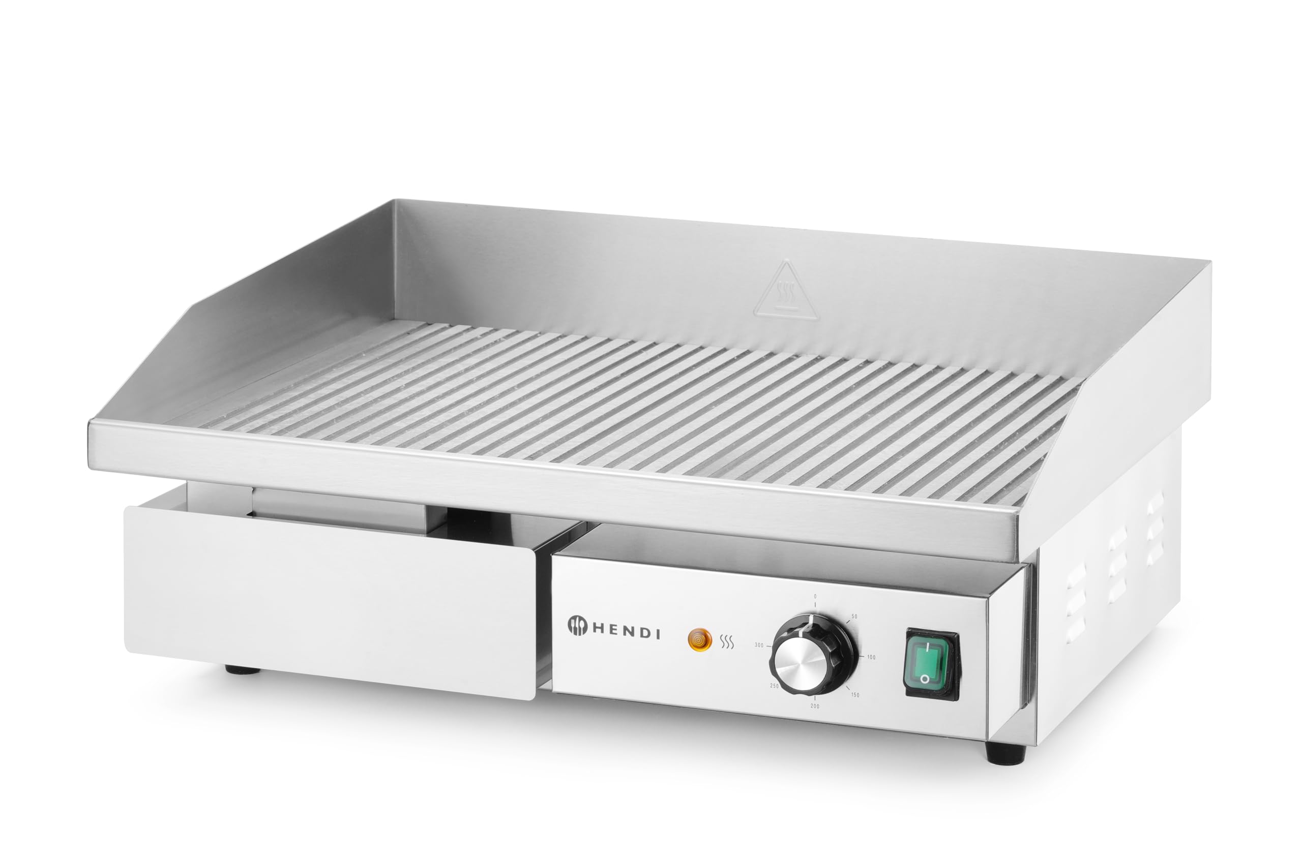 HENDI Plancha à griller électrique rainurée, plaque de cuisson, grill barbecue avec tiroir à graisse amovible, température jusqu’à 300°C, 220V, 3000W, 550x430x(H)240mm, inox