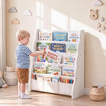 COSYLAND 4-Tier Kids Storage Bookshelf - Nursery Wood Bookcase with Four Wide Shelves for Small Spaces, Tall Small Bookshelf for Wall Spaces, Toddler Book Storage Organizer 24.8 Inches