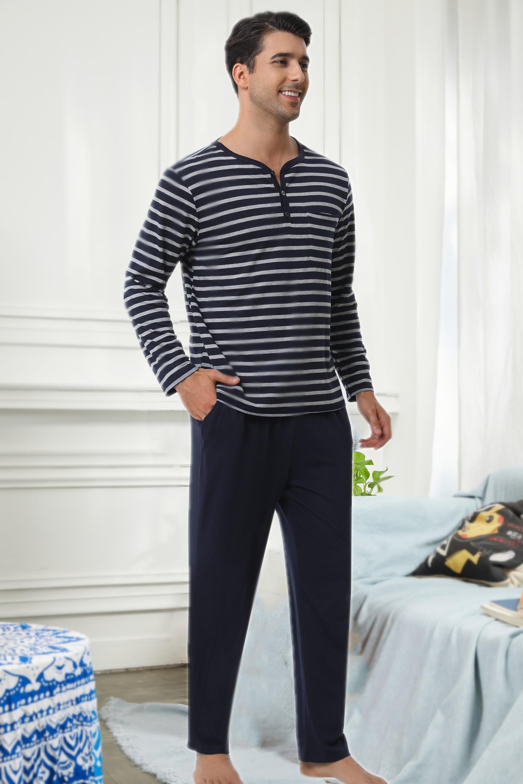Pijamas Hombre Algodón Cuadros Invierno Camiseta Pantalón Largo Elástico Set Botones y Ropa de Dormir Manga Larga Entretiempo Tops Cómodo