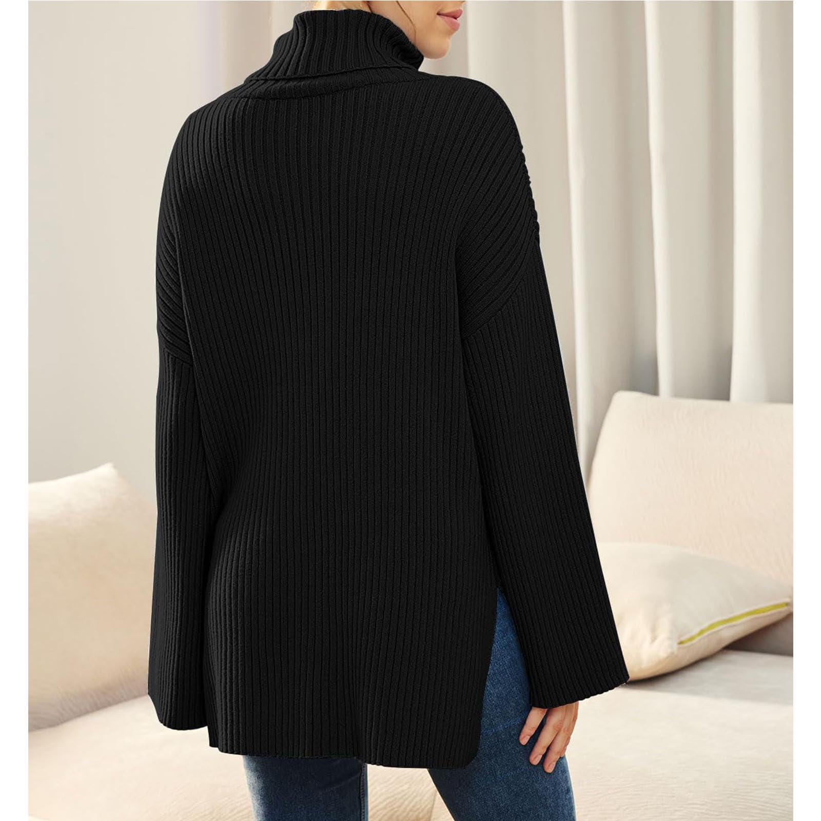 Greabuy Maglione a collo alto oversize alla moda da donna maglione a costine felpa per donna maglione casual camicie da donna maglioni da donna felpe leggere in maglia, Verde militare, L