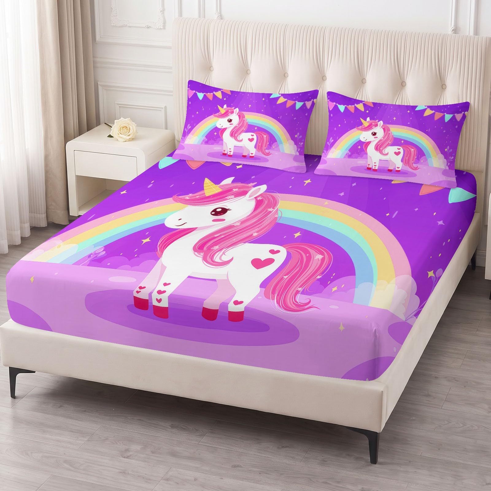Juego de 3 sábanas bajeras ajustables de 160 x 200 cm para cama juvenil, de dibujos animados, de microfibra transpirable, sábana bajera con diseño de unicornio, arco iris y 2 fundas de almohada con