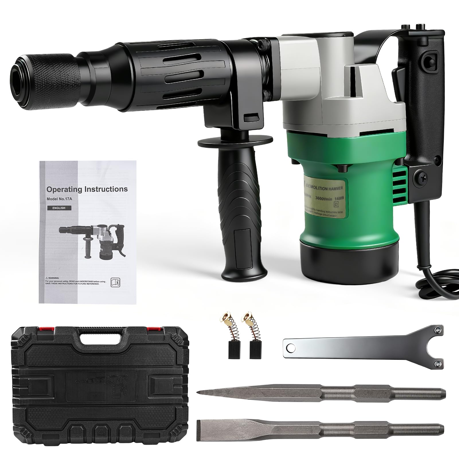 Martillo Perforador 1400 W, Martillo Demoledor, Rompedor de Hormigón, SDS-Plus | Fuerza de impacto 30 J | 3600 RPM | Mango Antivibración, incl Cincel Puntiagudo y Plano para Cincelar Hormigón, Pizarra