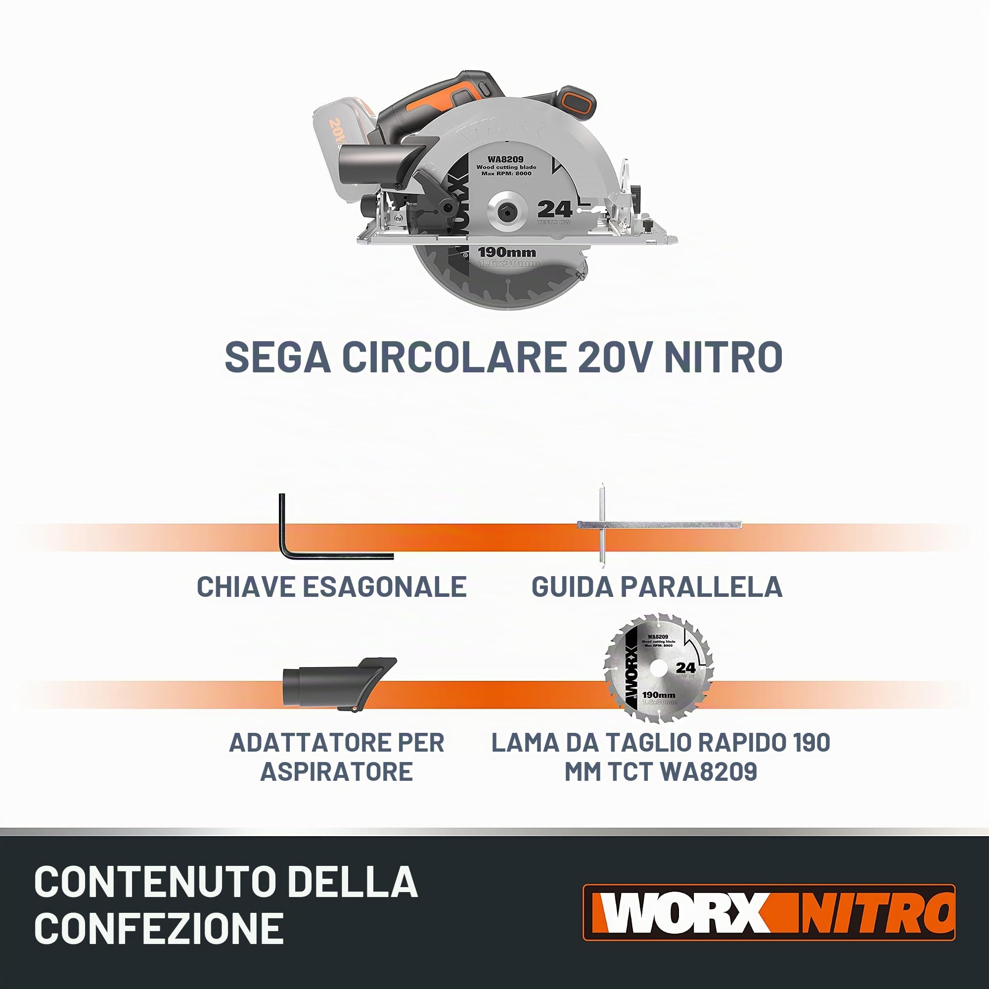 WORX WX520.9 Sega circolare Brushless 20 V Worx | PowerShare | Senza batteria, né caricatore | Base in alluminio, impugnatura ergonomica