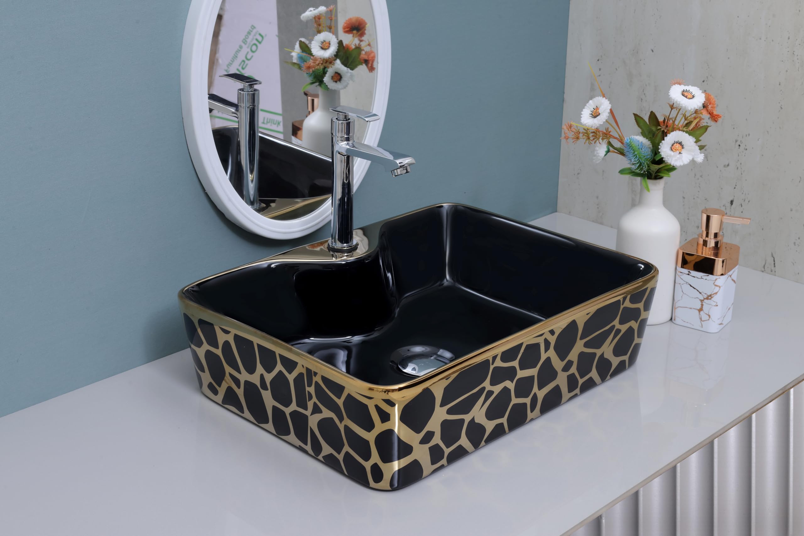 HISRE Table Top Designer Wash Basin Square Counter Top/Over Counter Wash Basin/Vessel Sink Glossy Finish For Bathroom & Living Room 19 X 14 X 5 Inches (Black Only Basin) (Model - G1113), photo 2 of 4