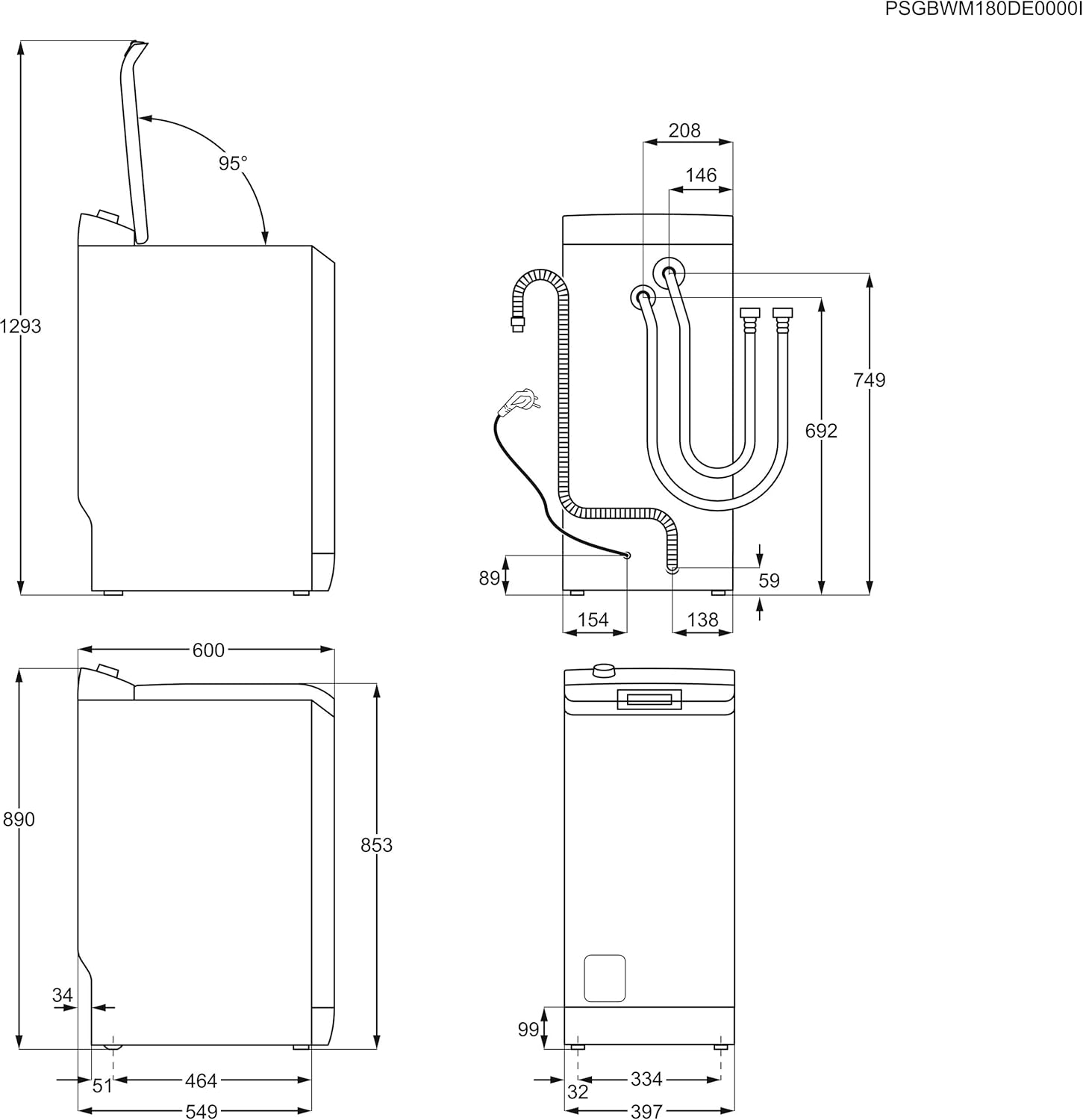 Technical drawing with dimensions of Zanussi ZWY 61223 Ki