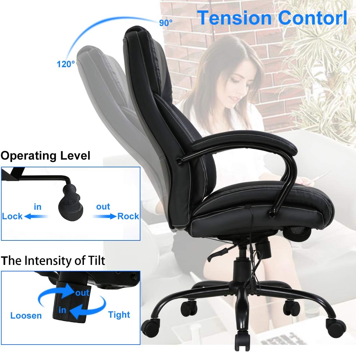 High Back Big & Tall 500lb Leather Office Chair,Heavy Duty Executive Computer Desk Chair with Vibration Massage Lumbar Support,Tilt Recliner Ergonomic Rolling Swivels Chair with Thick Seat Cushion