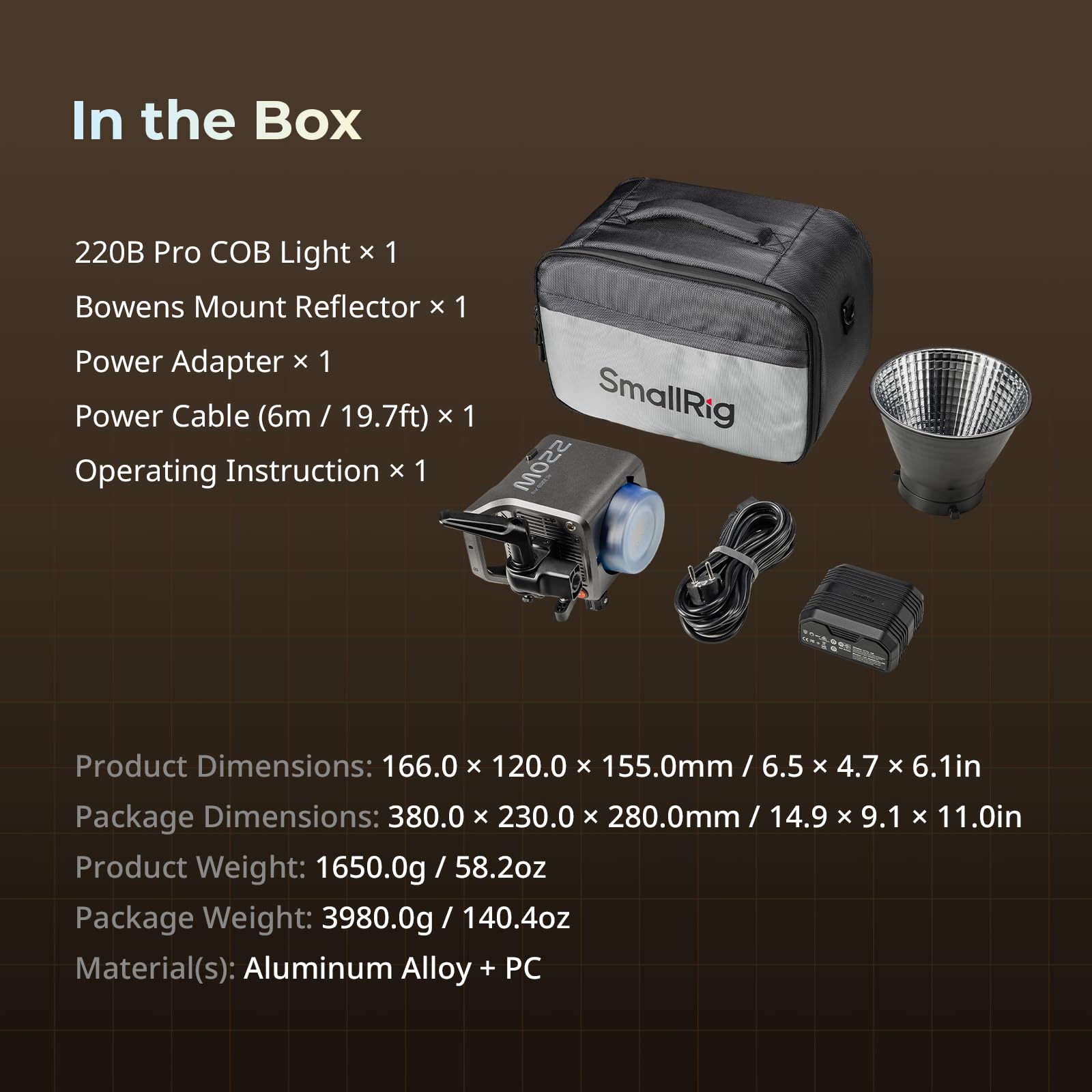 SMALLRIG RC 220B Pro 220W Lampe Vidéo COB, Bicolore 2700 K-6500 K, contrôle par APP, Lampe à Monture Bowens, Support de 3 méthodes d'alimentation, pour la Photographie et Le Studio Photo - 4621