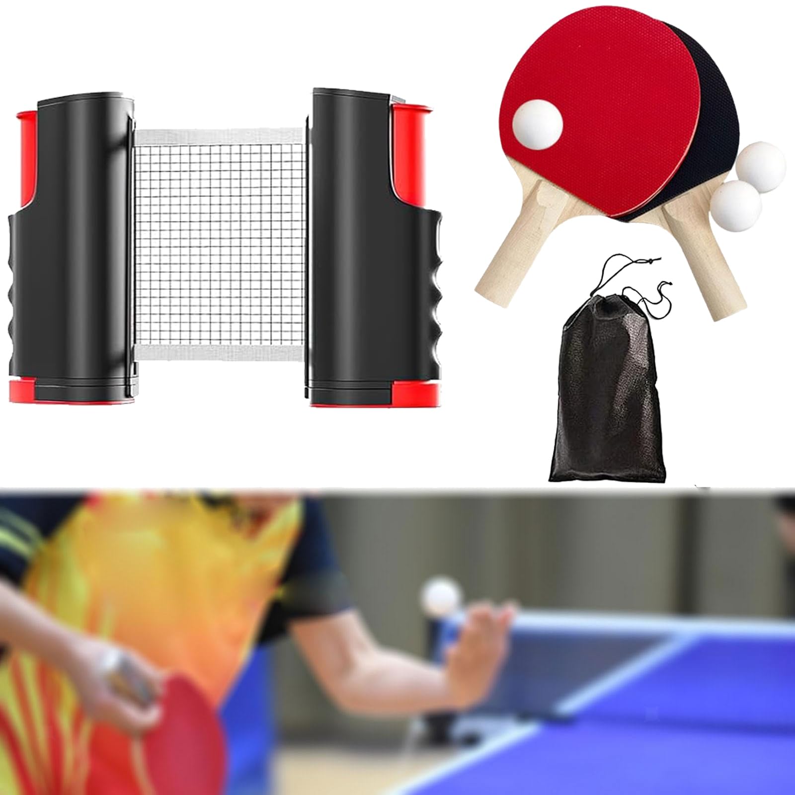Set de Ping Pong Portátil con 2 Raquetas, 3 Bolas, Red Retráctil y Bolsa de Almacenamiento