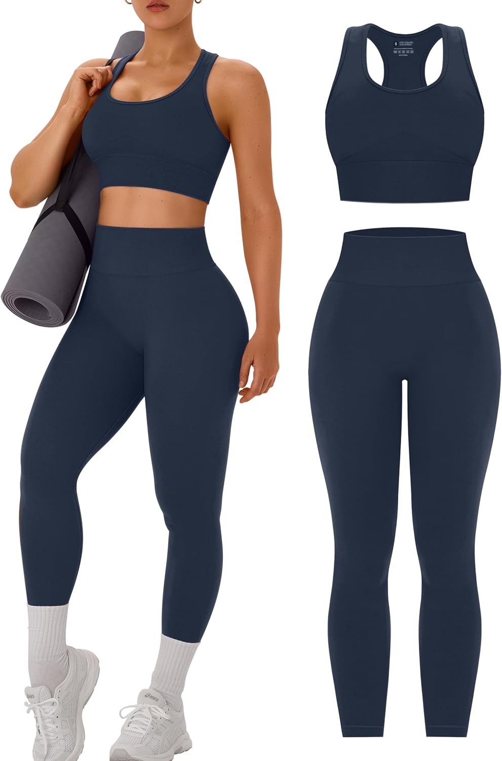 OLCHEE Womens Workout Sets 2 Piece - Acid Wash Seamless Yoga Outfits High Waist Leggings Padded Racerback Sports Bra Gym Set