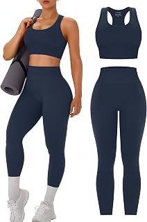 OLCHEE Womens Workout Sets 2 Piece Racerback Sports Bra High Waist Leggings | Seamless Gym Set, Y…