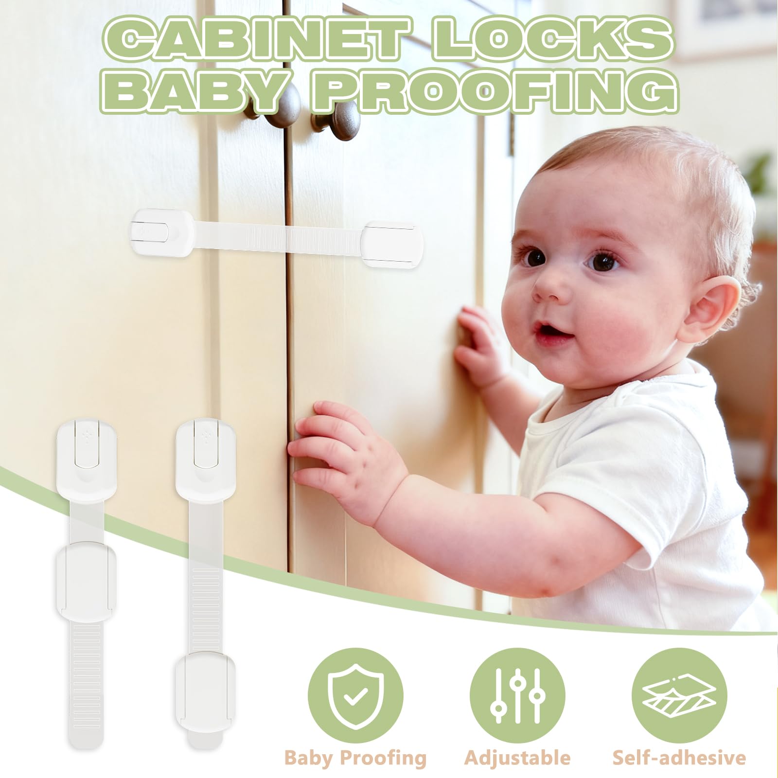Paquete de 8 cerraduras de seguridad para niños, cerraduras de gabinete a prueba de niños con adhesivo 3M, no requiere taladrar, cerraduras multiusos a prueba de bebés para cajones, nevera