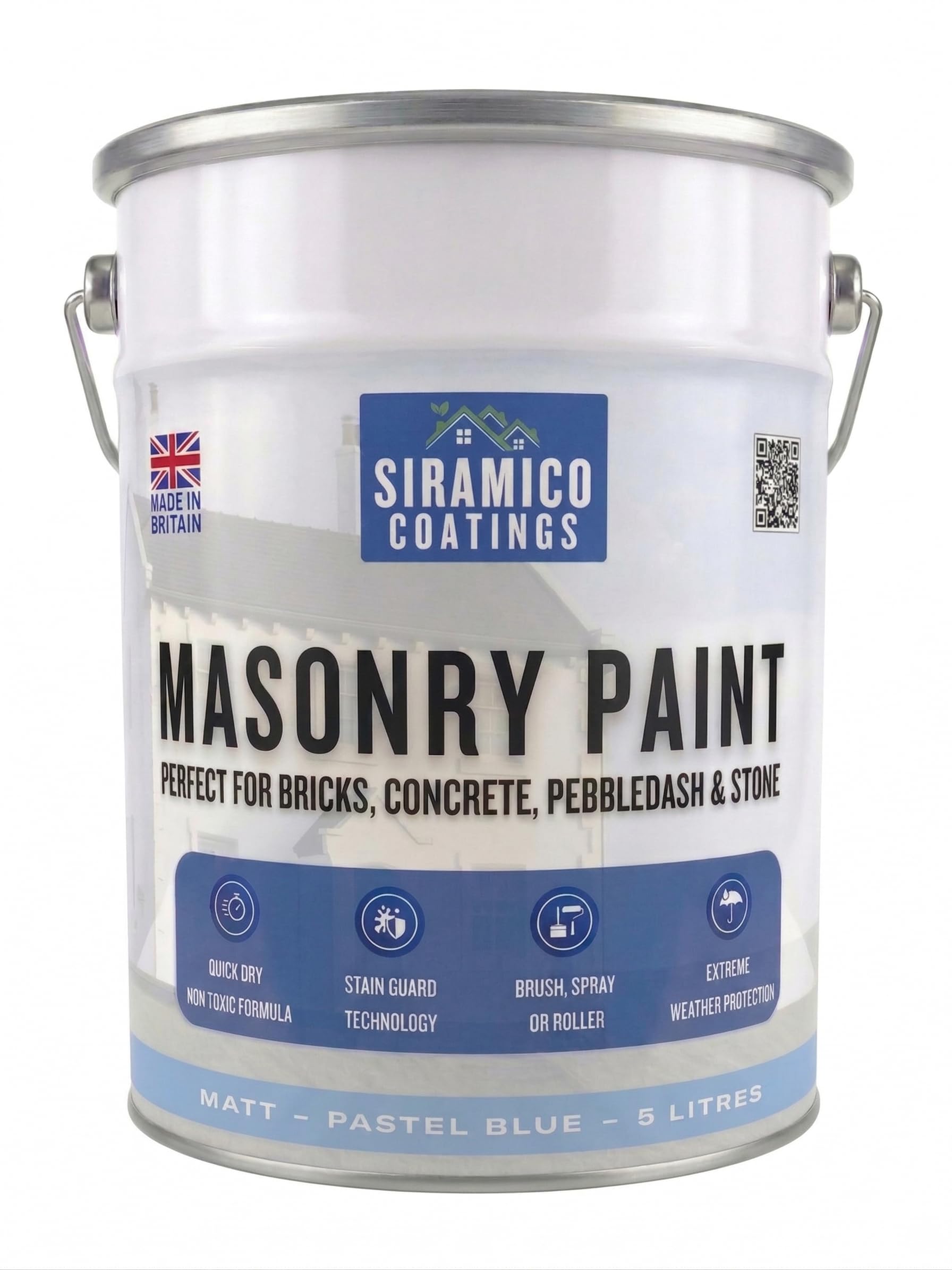 SIRAMICO COATINGS Masonry Paint | 5 Litres | Waterbased ECO Resin Technology | 7 Luxury Colours | Smooth Matt Finish for outdoor masonry protection | 10 Year Colour Guarantee (Pastel Blue)