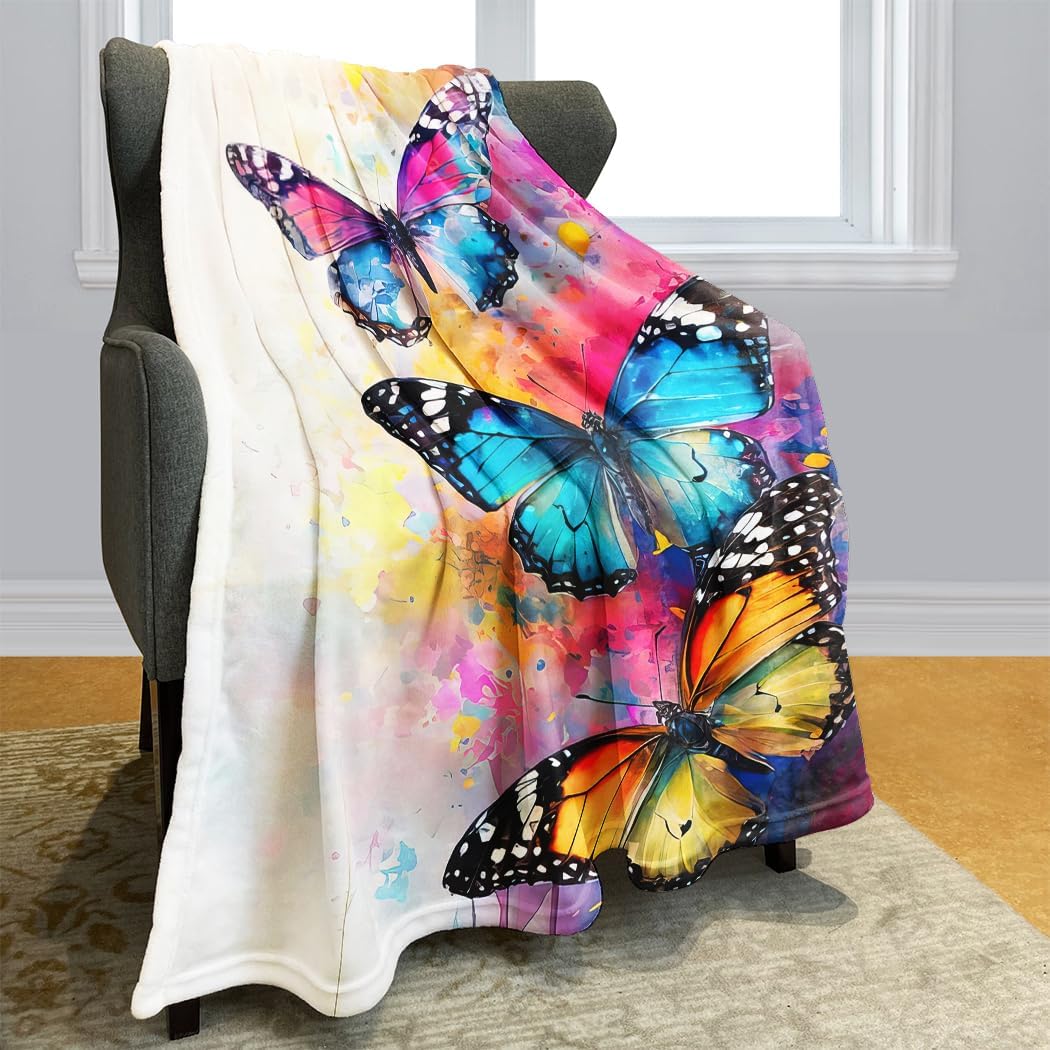 60"x80" Watercolor Butterfly Blanket - Soft Fleece Throw, Vibrant Art for Home Decor