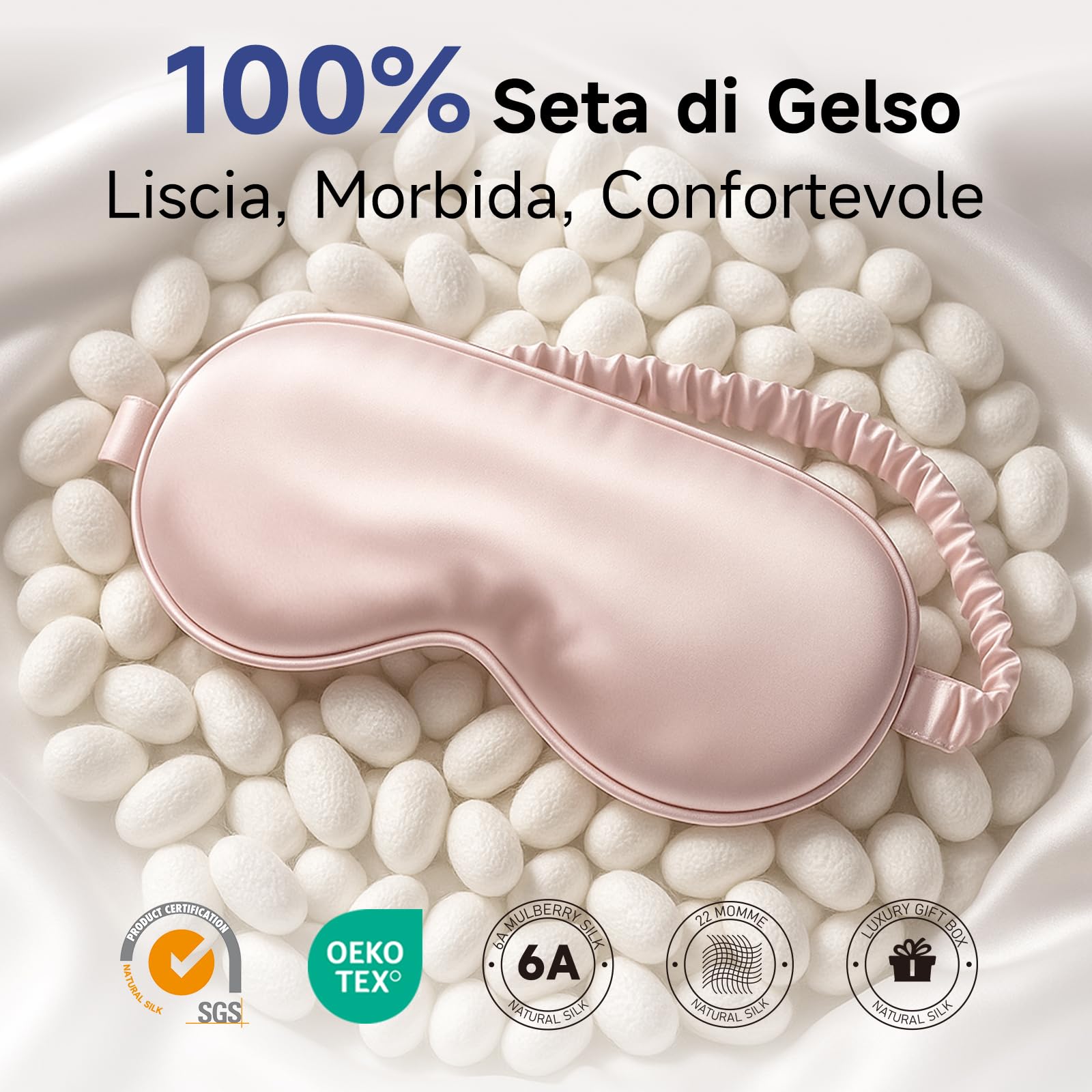 Umisleep 100% pura seta maschera, 22 momme 6A, morbida e liscia, traspirante, per donne e uomini, migliore tenuta della luce, con custodia da viaggio, Maschera per gli occhi regolabile (Rosa)