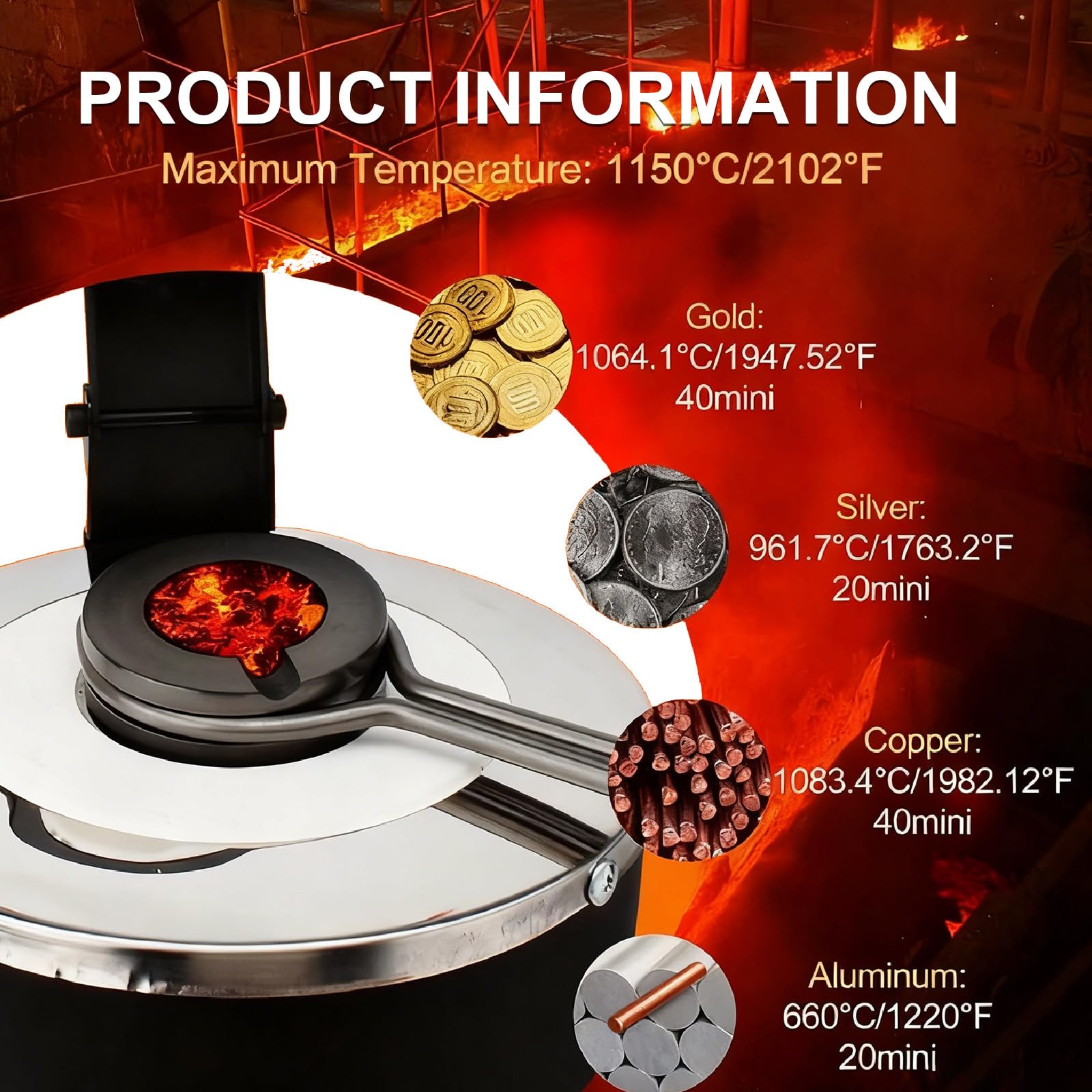 Horno De Fundición Digital Eléctrico De 1400 W, con Control Pid Y Crisol De Grafito para Fundir Oro, Plata, Cobre Y Aluminio (1150 °C/2102 °F) 2kg-Black