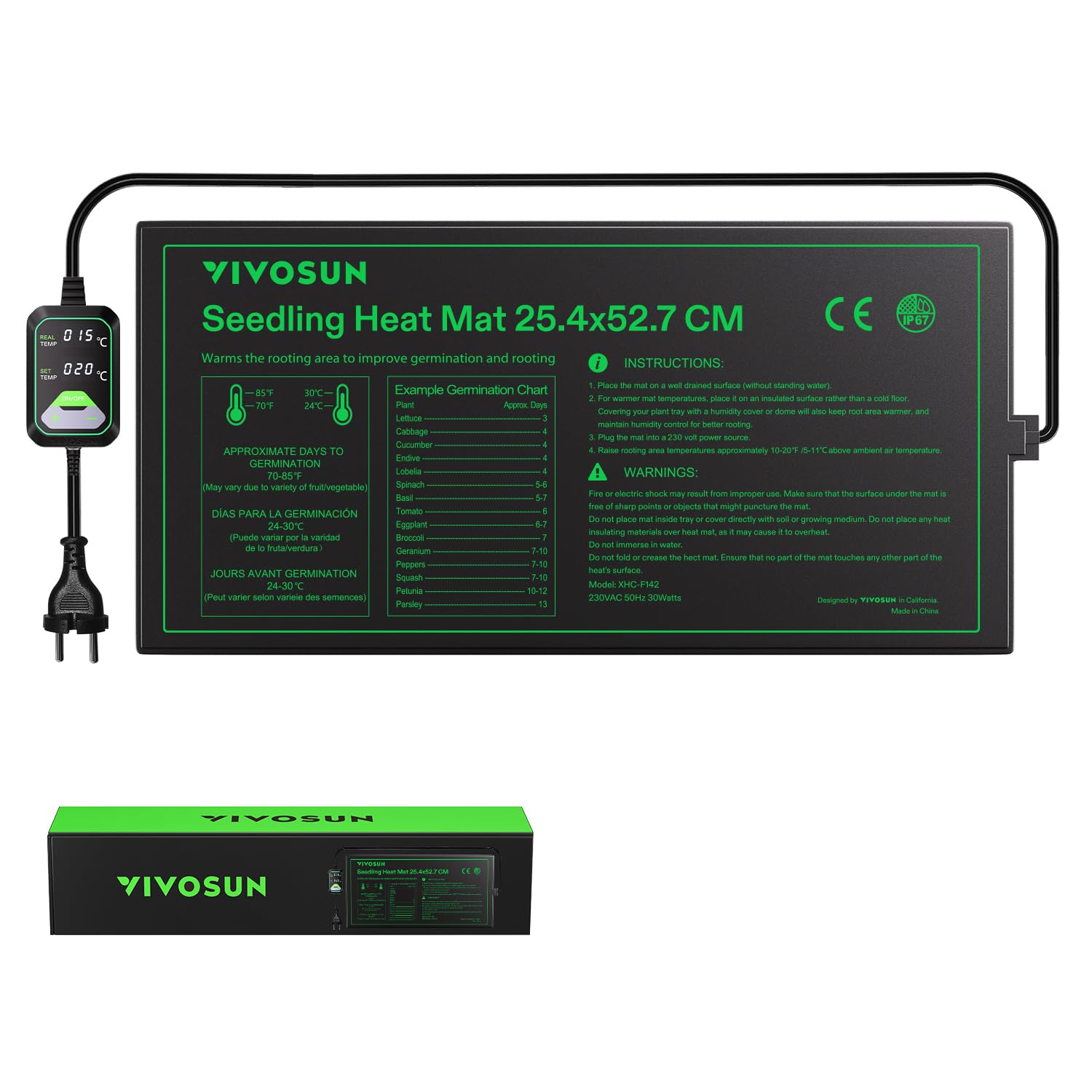 VIVOSUN Heizmatte Pflanzen 25,4x52,7cm mit Temperaturregler, Wasserdichte Pflanzen-Wärmematte UL & MET Zertifiziert, Setzling Heizmatte für Keimung, Hydrokultur, Zucht und Gewächshaus