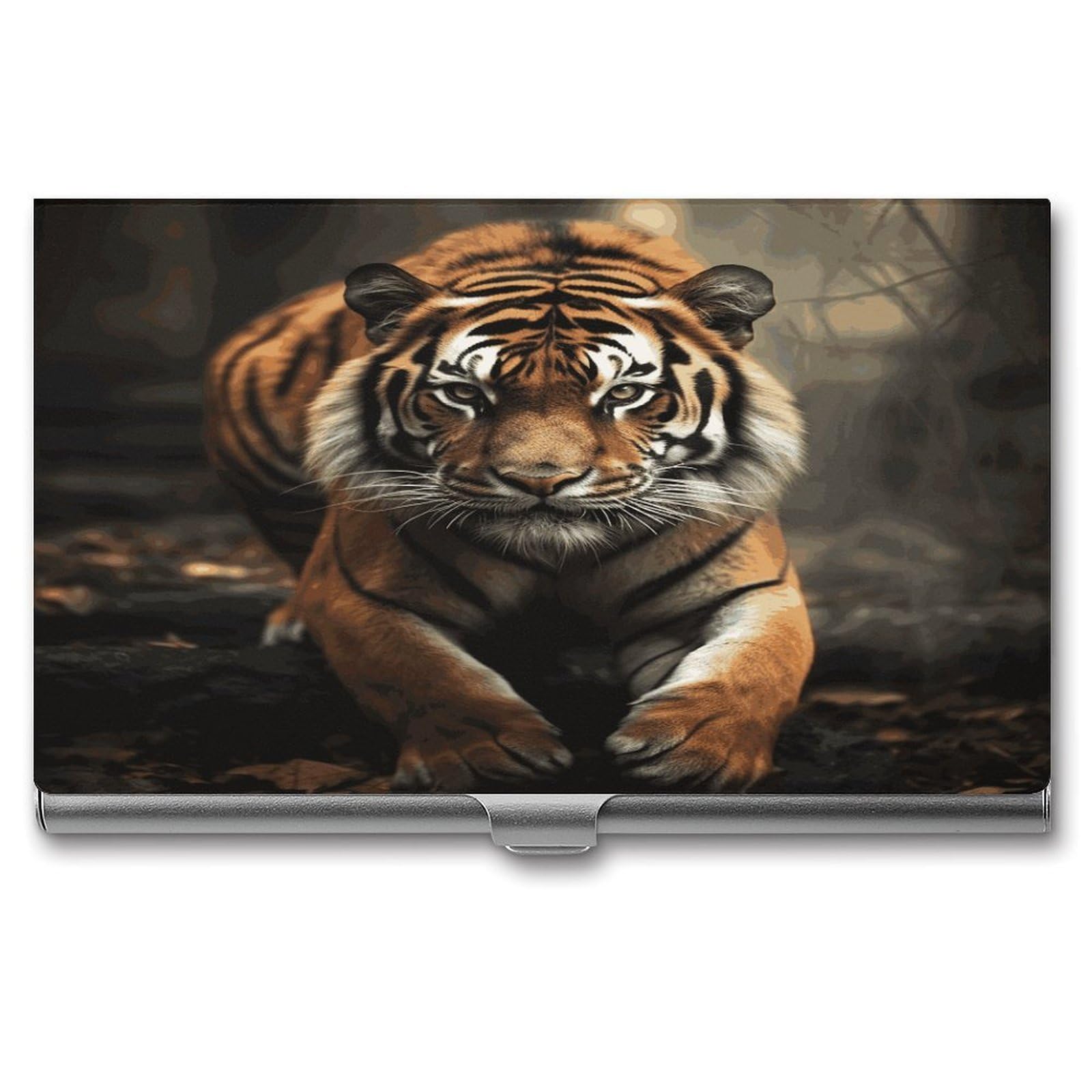 LDGSUPH Wild Animals Tiger Business Card Holder Fashion Slim Name Card Holder Minimalist Design Case Metal Card Carrier Personalized Business Card Case with Flip for Men Women