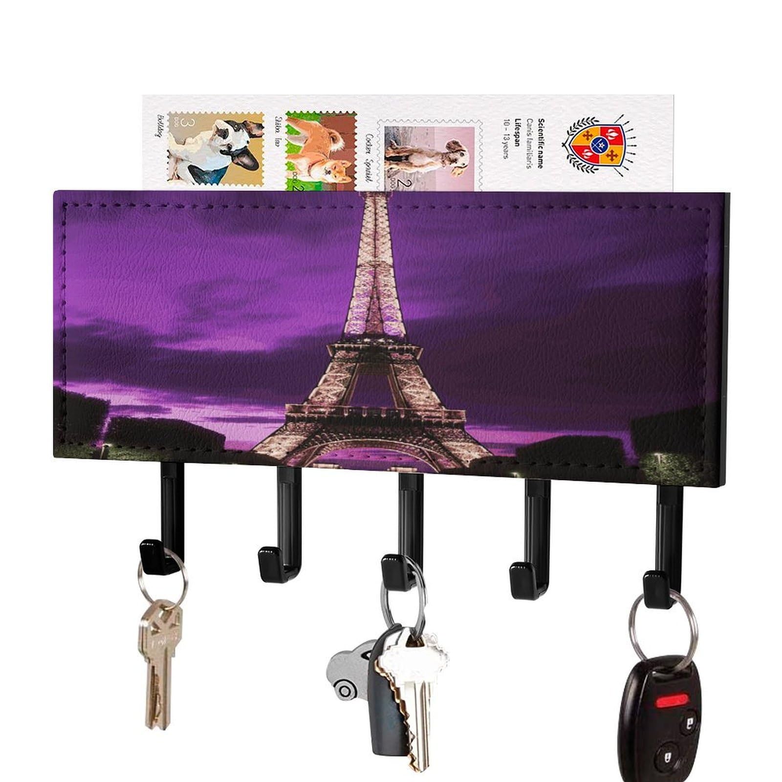 FekiLoot Purple Eiffel Tower Key Holder for Wall Decorative Mail Organizer with 5 Key Hook Self Adhesive Key Rack with Tray Coat Rack Wall Mount Key Hanger Decor for Entryway Door