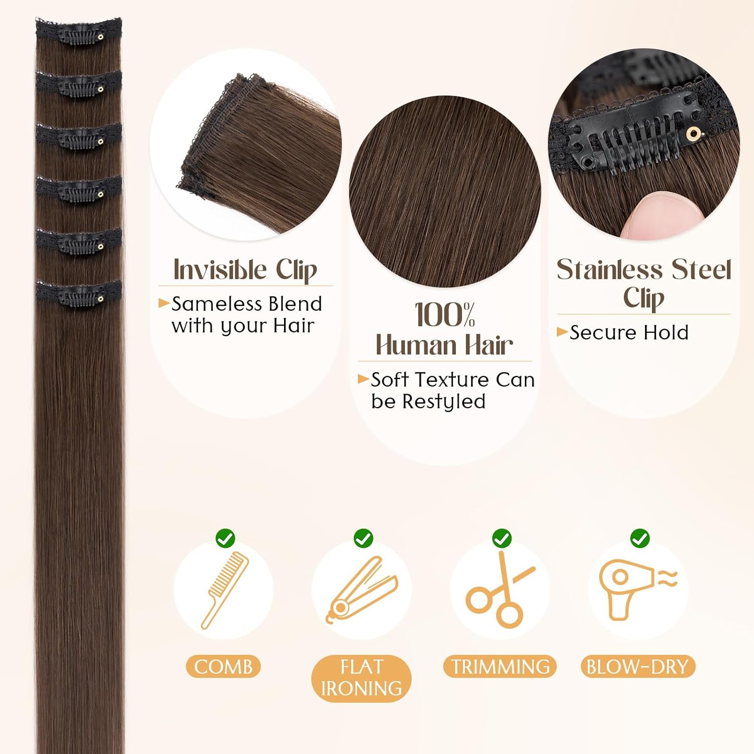 S-noilite 6Pcs Clip in Human Hair Extensions,Remy Single Clip in Hair Extensions 6Pcs 6clips Straight Dark Brown Seamless Hairpieces for Women 16Inch 40g
