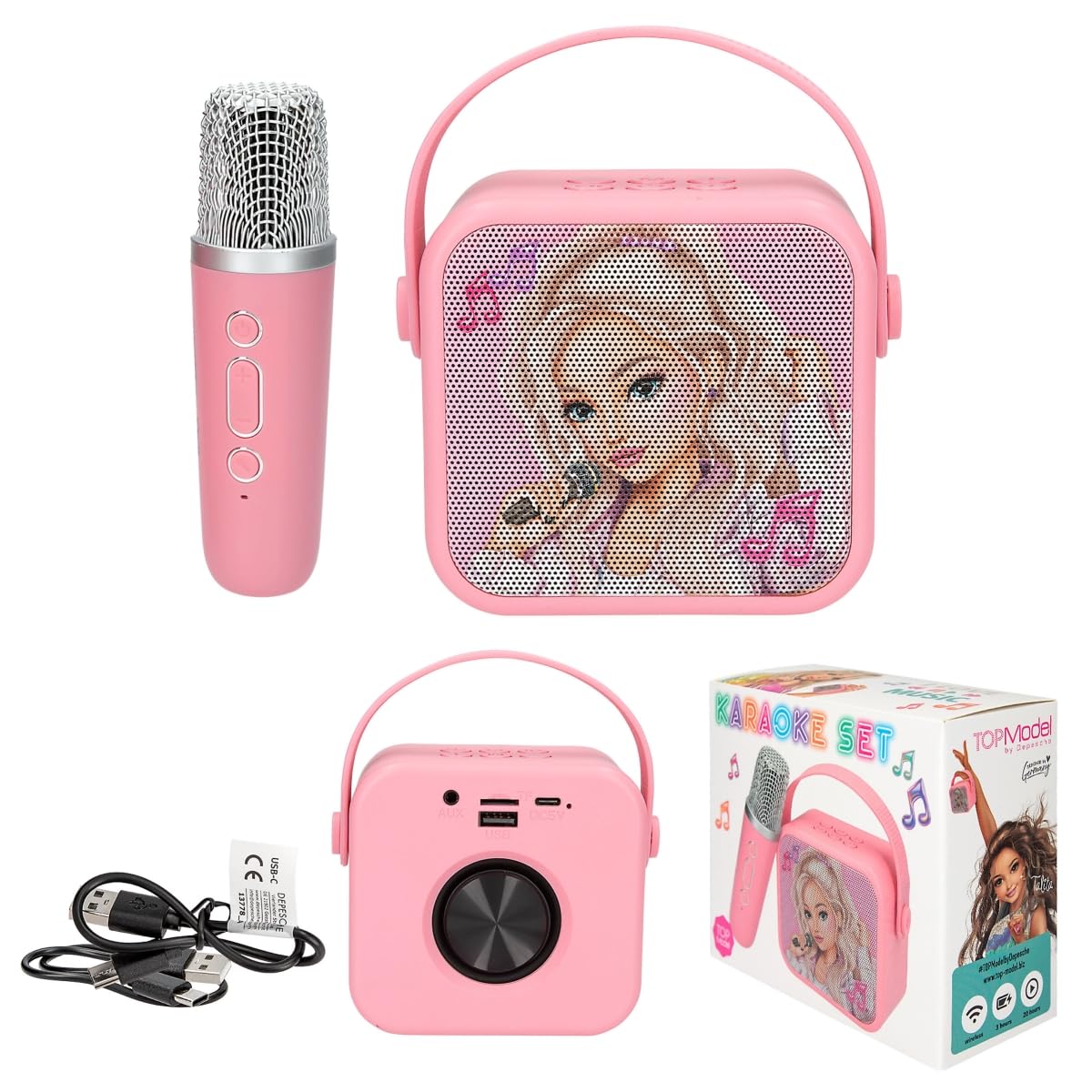 Depesche 13778 TOPModel - Karaoke Set in Rosa, mit Model Motiv und Tragegriff, Bluetooth-Lautsprecher mit Voice Changer, 1 Mikrofon und USB-C Ladekabel