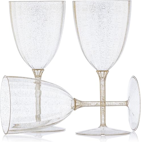 Miniatura 9 de Posh Setting Copas de vino de plástico dorado con purpurina de 7 onzas, vasos desechables de plástico duro, tazas con tallo para tostar, bodas,