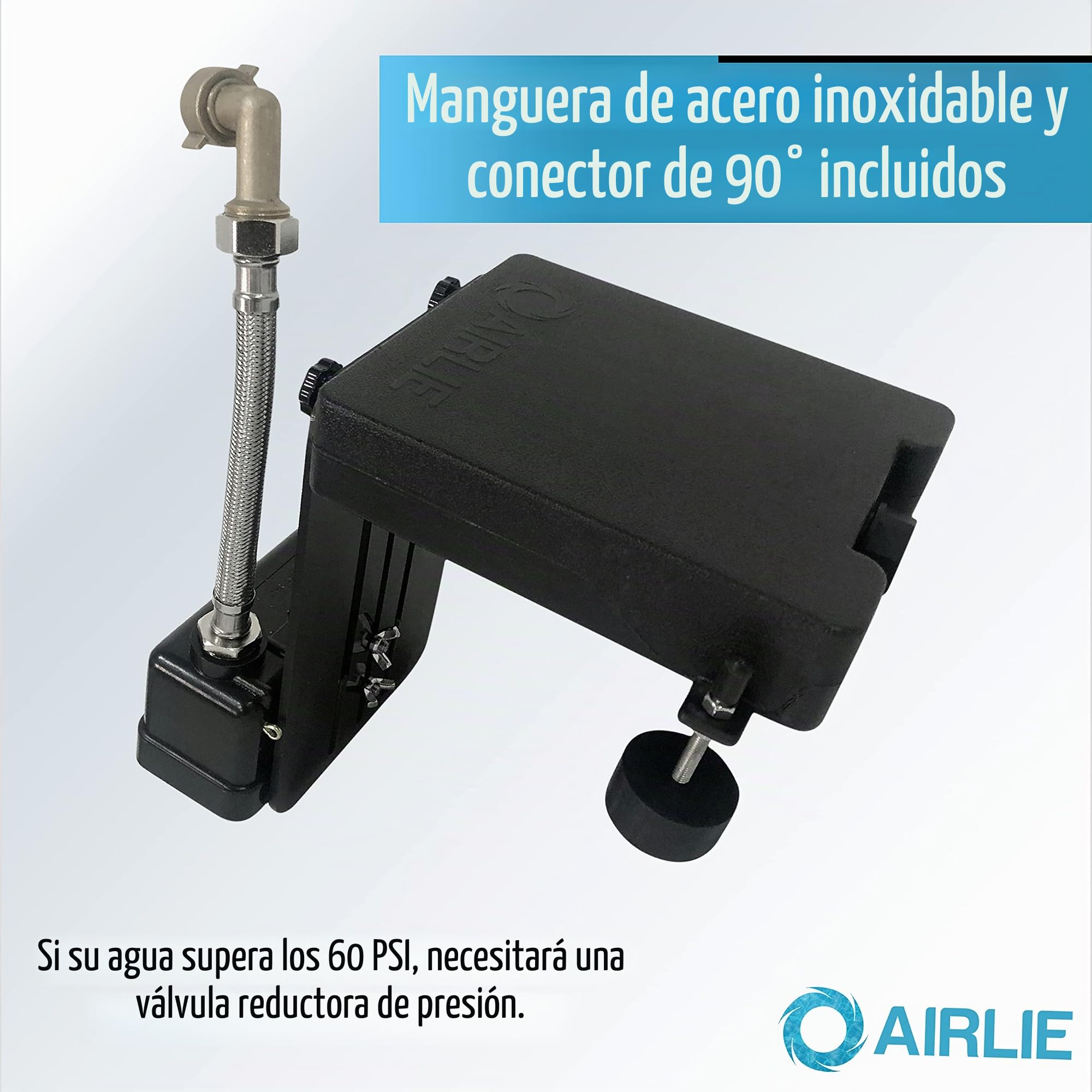 Airlie Nivelador de agua para piscina, patentado, incluye manguera de acero inoxidable y conector de latón de 90°, ajusta automáticamente el nivel de agua de la piscina (negro)
