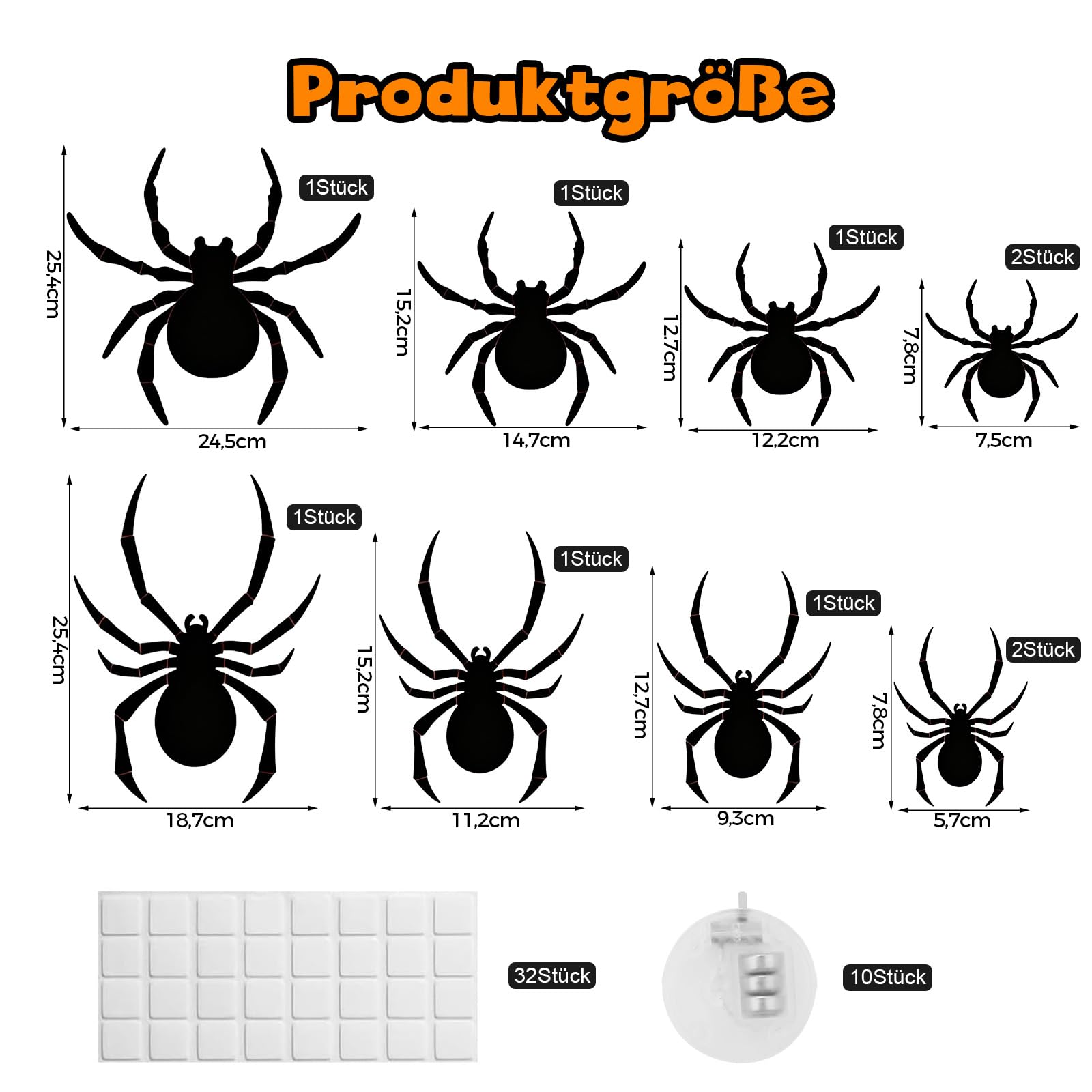ALEGRE Dekoracja na Halloween, 10 sztuk, pająki 3D, dekoracja LED, świecące pająki, naklejki ścienne w 4 różnych rozmiarach, dekoracja LED na okno, drzwi, ścianę