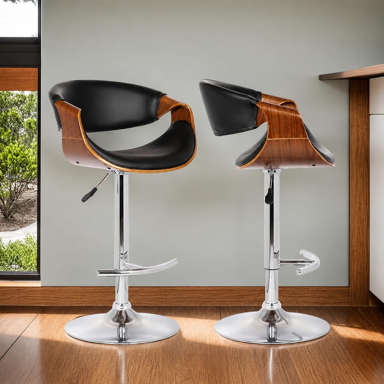 Creative Wooden Bar Stool with Cushion Seat & Curved Backrest, Modern Kitchen Counter Stool with Metal Footrest – Walnut Finish | (Pack of 1) 1