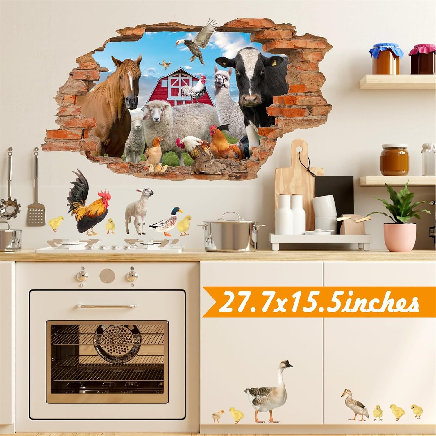 Farm Animals Wall Stickers 3D Broken Wall Decals Peel and Stick Farmhouse Art Decor Cartoon Animal Walls Decal Funny Cow Art Print Peeking Horse Rooster Vinyl Stickers for Living Room Kitchen Decor