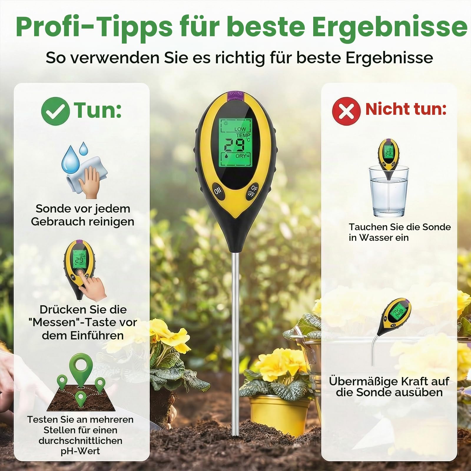 2 Stück Rasen Ph Wert Tester, 4 in 1 Bodenmessgerät, Ph Messgerät Erde, für Temperatur/Ph/Licht/Feuchtigkeit, Digital Plant Bodentest Messgerät für Gartenarbeit, Landwirtschaft, Outdoor Pflanzen