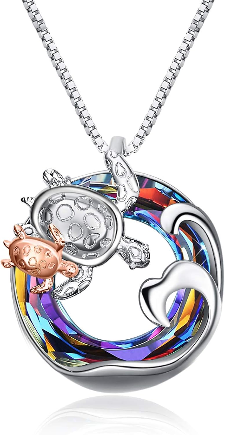 AOBOCO Sea Turtle necklace for women,jewelry gift for women mum daughter girlfriend Sterling Silver Crystal Turtle Pendant