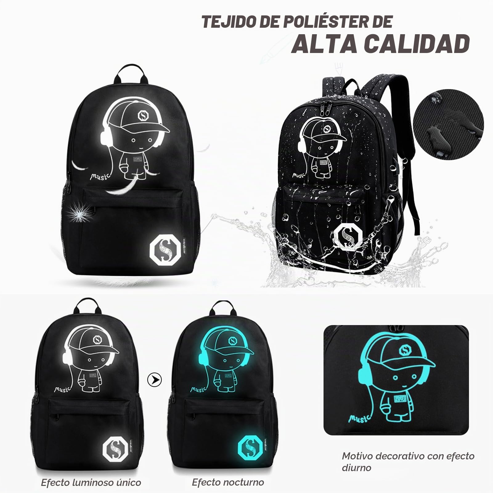 FANDARE Mochila Luminoso Bolsa de Escuela Unisexo Mochilas Tipo Casual Bolsos de Mujer Hombre Bolsa de Viaje Niña Niño School Bag Adolescente Knapsack con USB Daypack Impermeable Poliéster