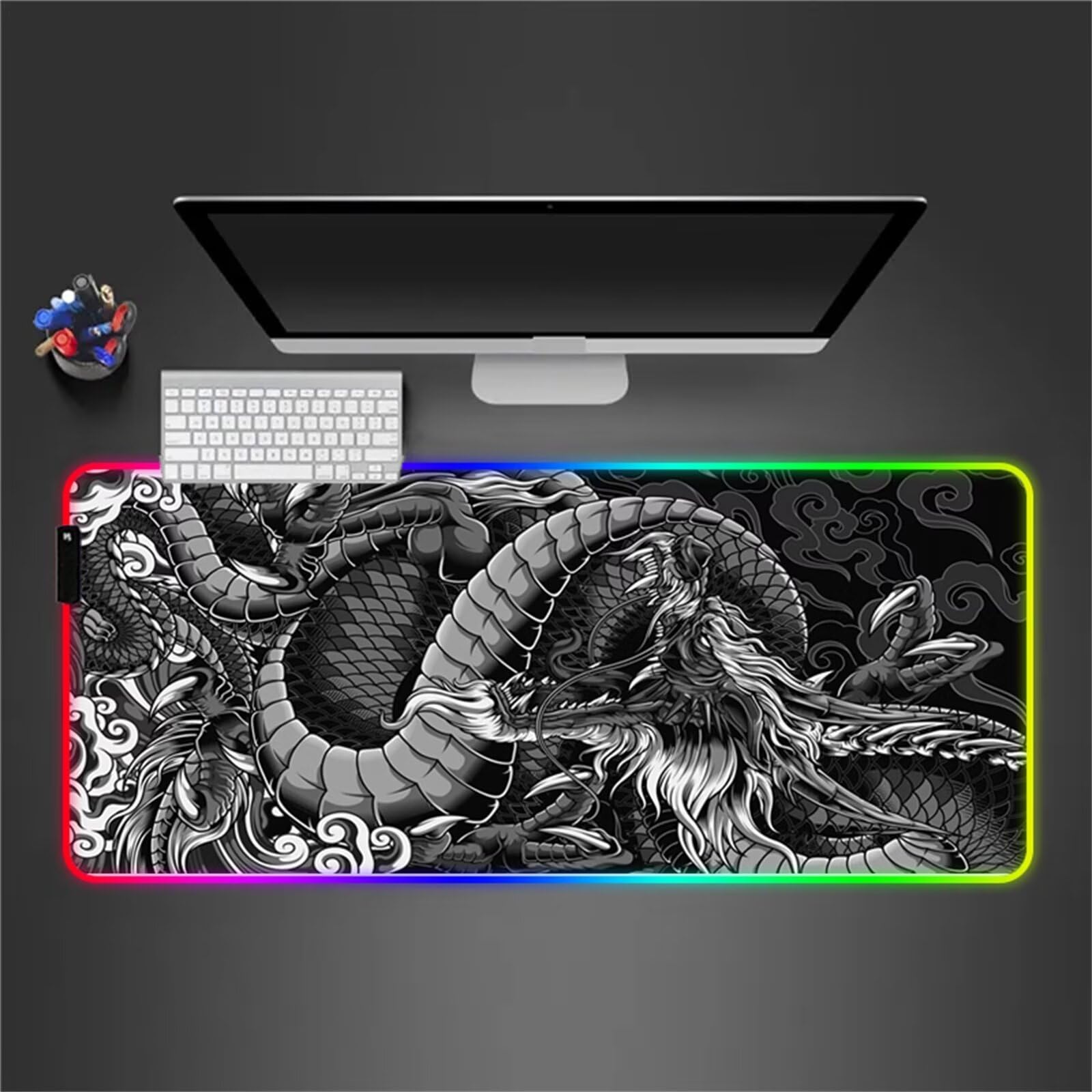 Tappetino per Mouse RGB XXL Grande Tappetino per Mouse da Gioco LED Drago 900x400x4mm con 14 Modalità di Illuminazione e Base in Gomma Antiscivolo per Giochi Lavoro e Studio