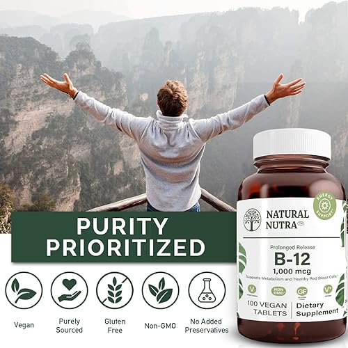 Miniatura 10 de Natural Nutra Vitamina B12 1000 mcg, suplemento de cobalamina B 12, fosfato de calcio, ayuda en la salud del metabolismo, apoya el sistema nervioso