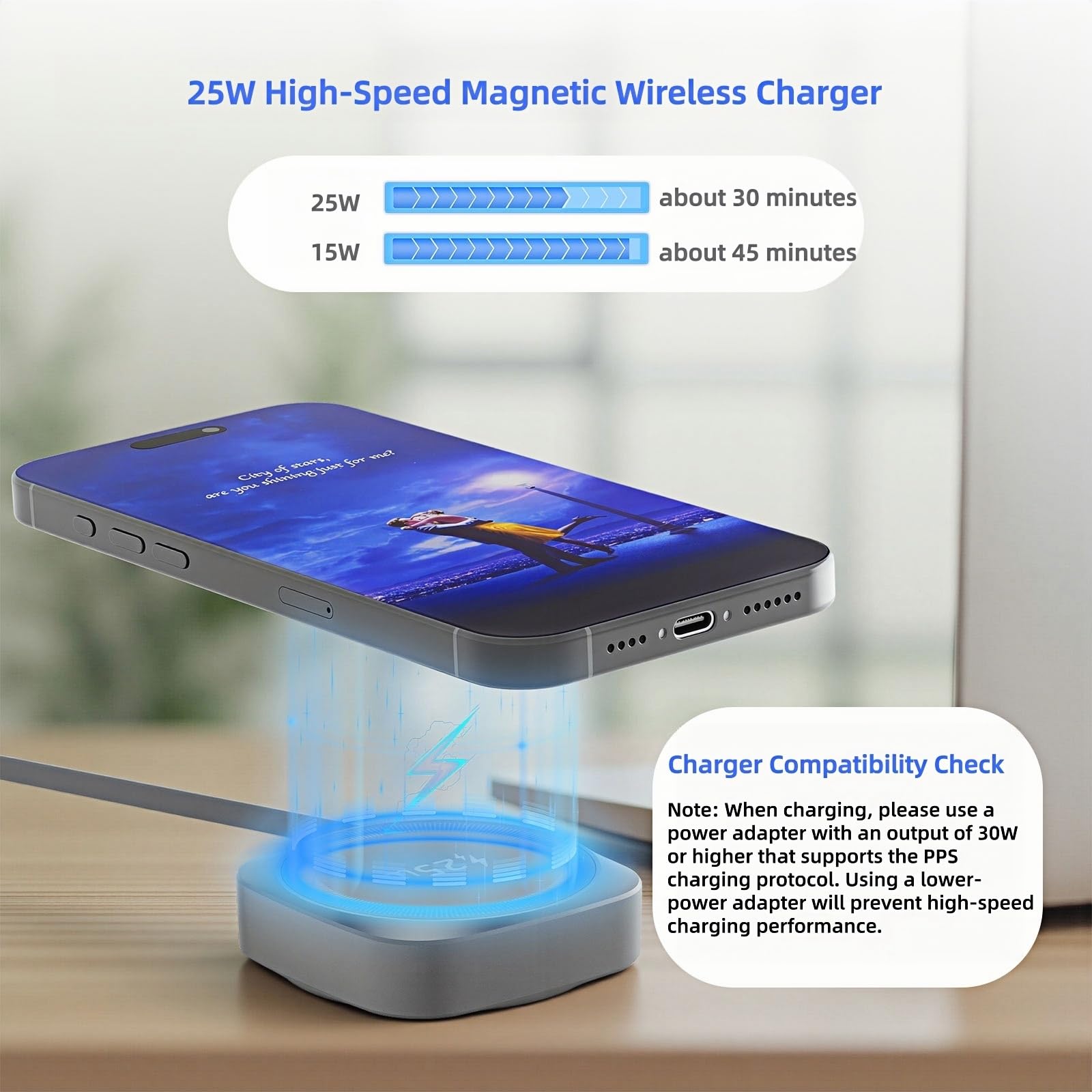 Caricatore Wireless Magnetico 25W con Cavo USB C Retrattile, Base Ricarica Wireless Veloce Qi2.2 Per iPhone 17/16/15/14/13/12/Airpods, Caricatore Portatile per Samsung Galaxy, Google Pixel ecc,Grigio
