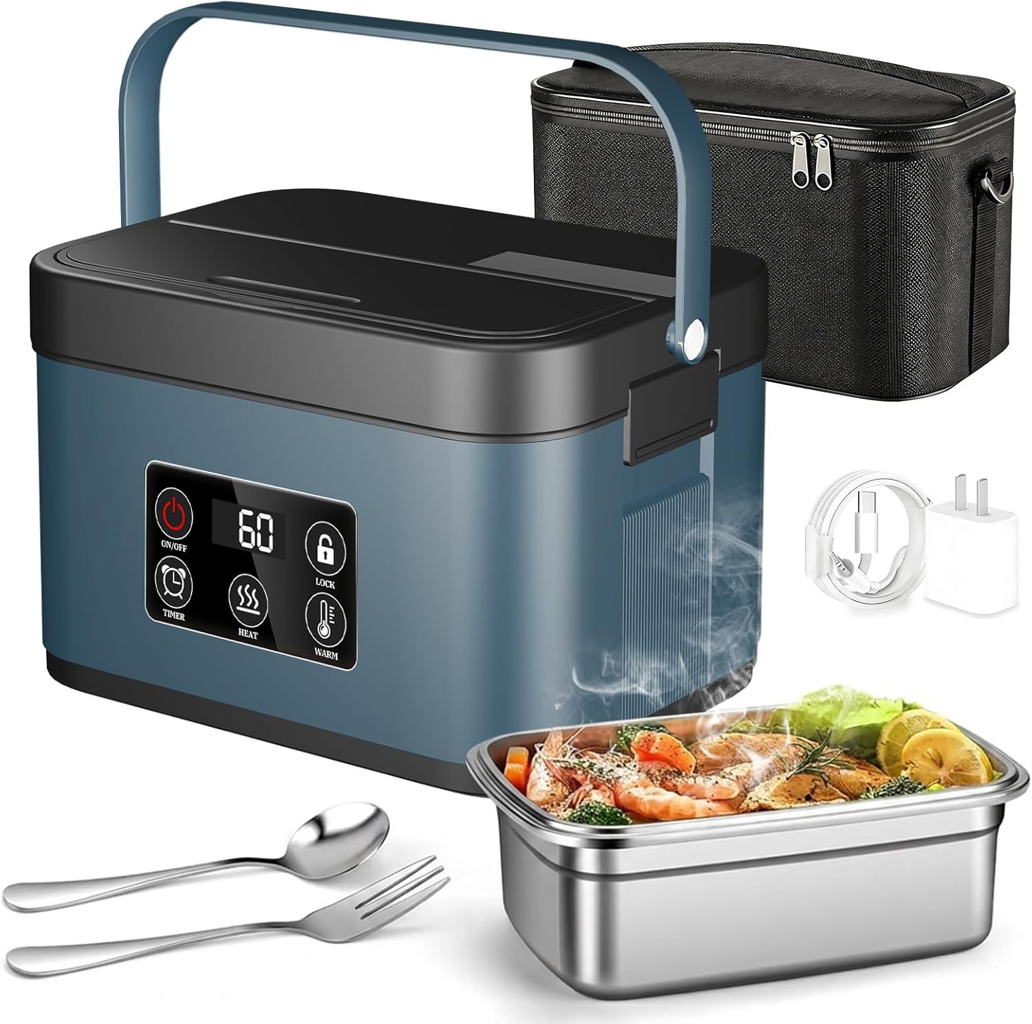 1.5L Heated Lunch Box for Men Loncheras Electricas para Calentar Almuerzo Temperature Adjustable Food Heater Adult Lunchboxes Indoor Outdoor Work Office Camping Travel