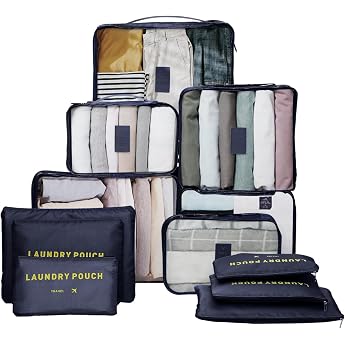 12-Piece Suitcase Organiser Set Packing Cubes for Suitcase Travel Accessories Clothes Bags Cosmetics Travel Organiser Packing Bags for Suitcases Dark Blue