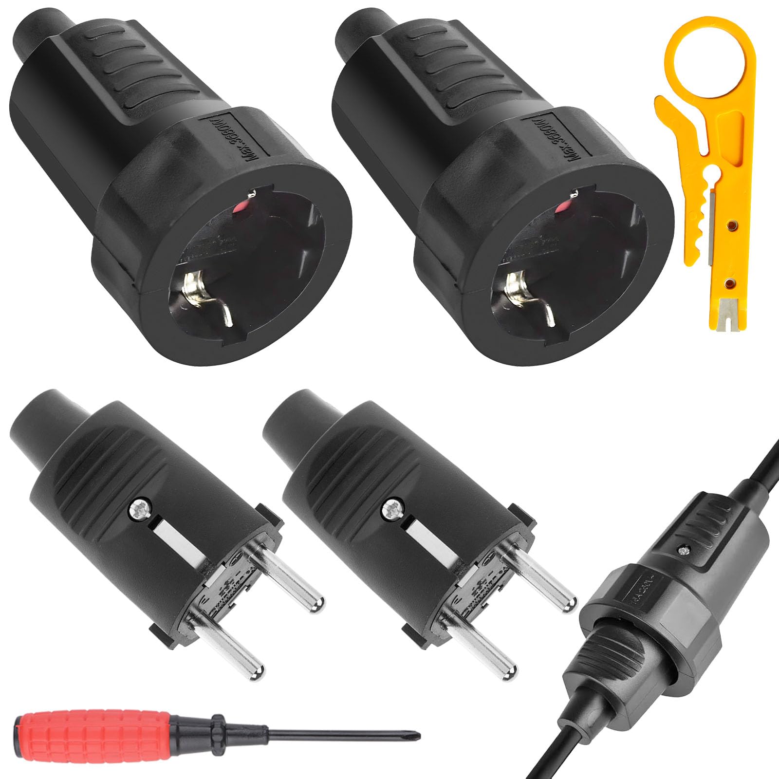 2 coppie spine e giunti 250V 16A IP44 Set di giunti spina Schuko con protezione antipiega Giunto spina Schuko a 2 poli Spina di sicurezza in gomma nera per esterni impermeabile
