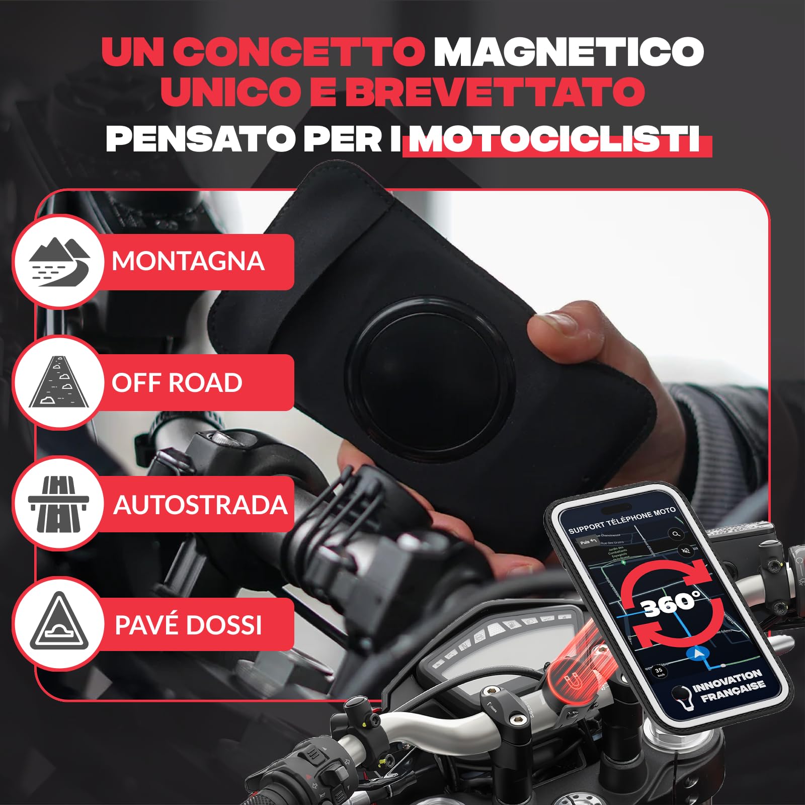 SHAPEHEART Innovazione Francese, Porta Cellulare Moto Magnetico. Assorbe Vibrazioni, Impermeabile, Rotazione 360°, Supporto Telefono per Manubrio