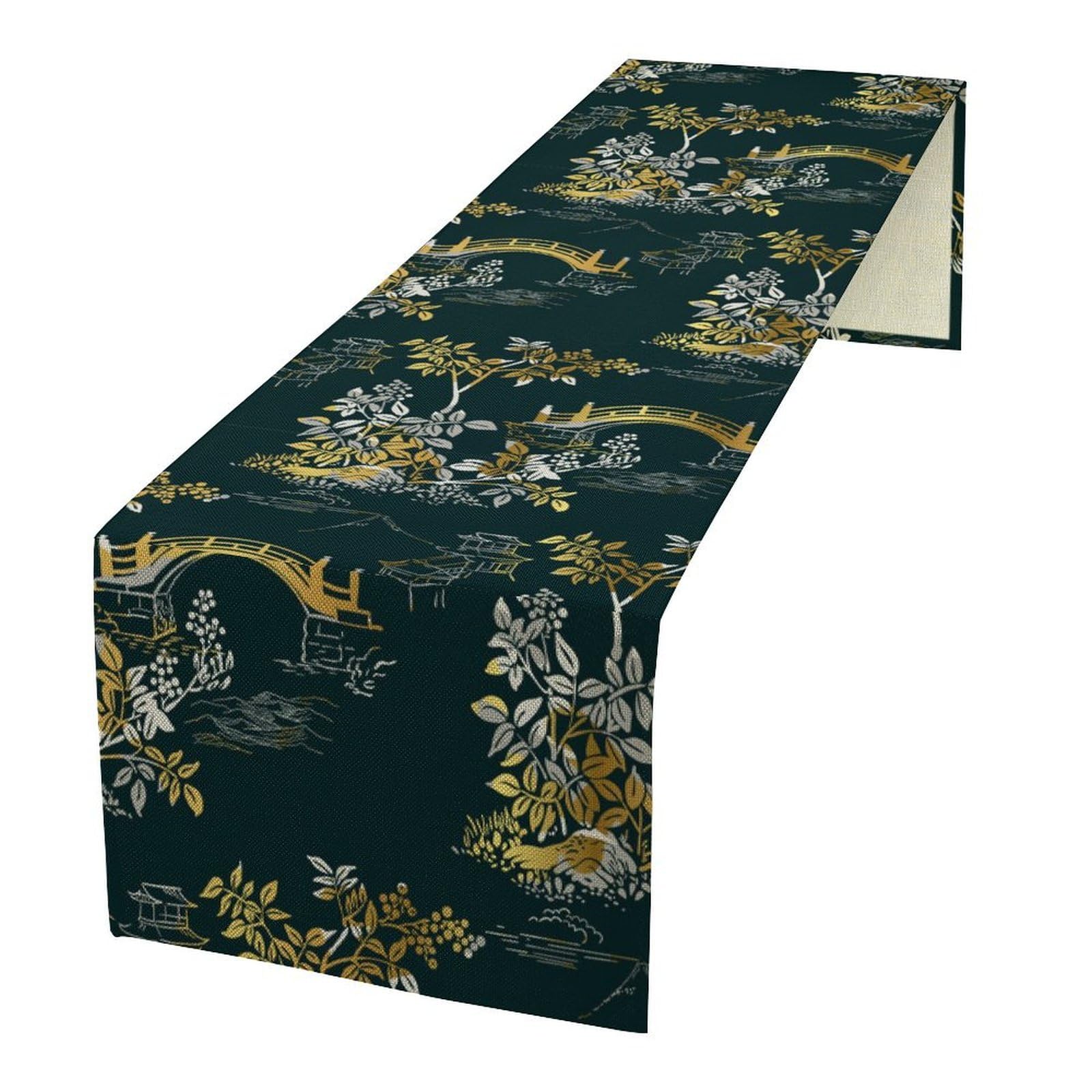 Janjcurt Asian-12 Chinese Landscape Table Runner, Vintage Oriental Line Art Golden White Bridge Plants Leaves Print Table Runner For Home Kitchen Dining Table Holiday Party Wedding Decor, 13X36inch