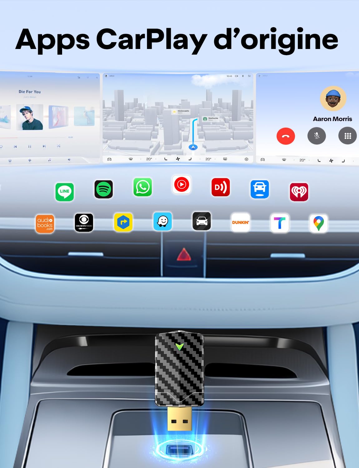 Adaptateur CarPlay sans Fil - Design Élégant Version 2025 la Plus Récentes, Mini et Stable, Plug & Play, Compatible iPhone iOS 10+ et Voitures 2016 avec CarPlay Câblé