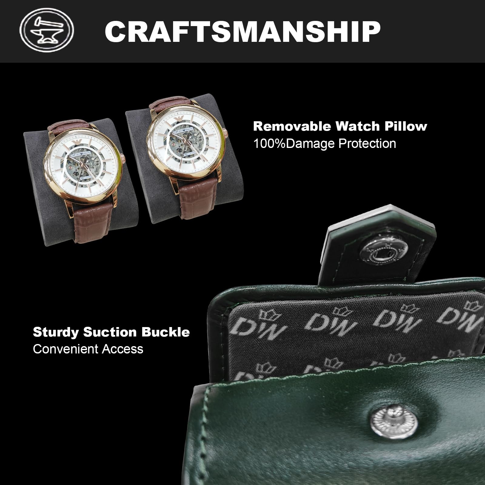 DUKWIN Rotolo per 2 orologi, organizer da viaggio con cuscini rimovibili, per uomini e donne, in pelle, per collezione di orologi e regalo per anniversario e compleanno (contenitore per orologi verde)
